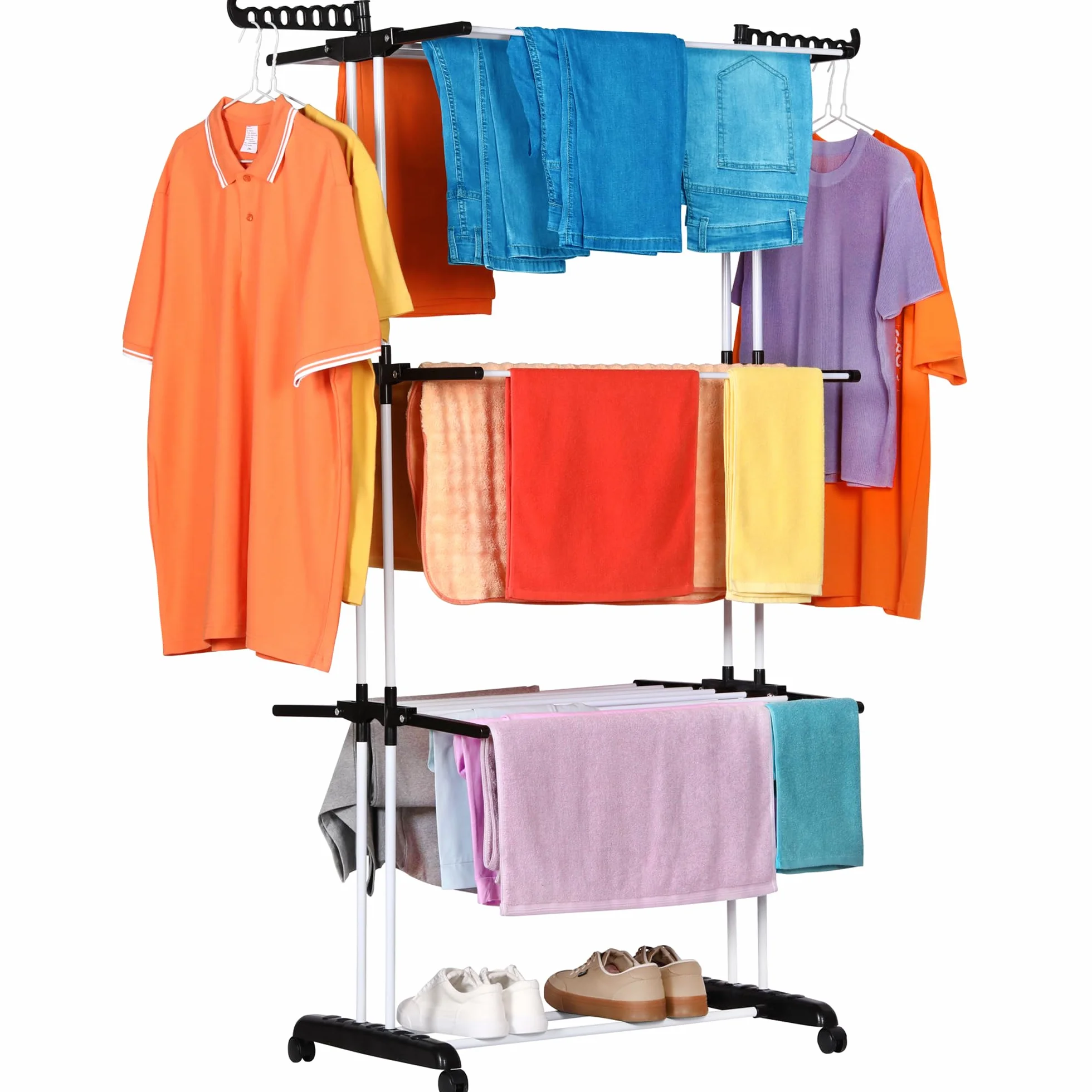 NK Stendino Verticale Salvaspazioa 4 Livelli - 6 Ripiani Retrattili + 2 Ali Laterali con Supporto per Grucce + Scarpiera, Ruote a 360°, Colore Nero e Bianco (19m di Biancheria)