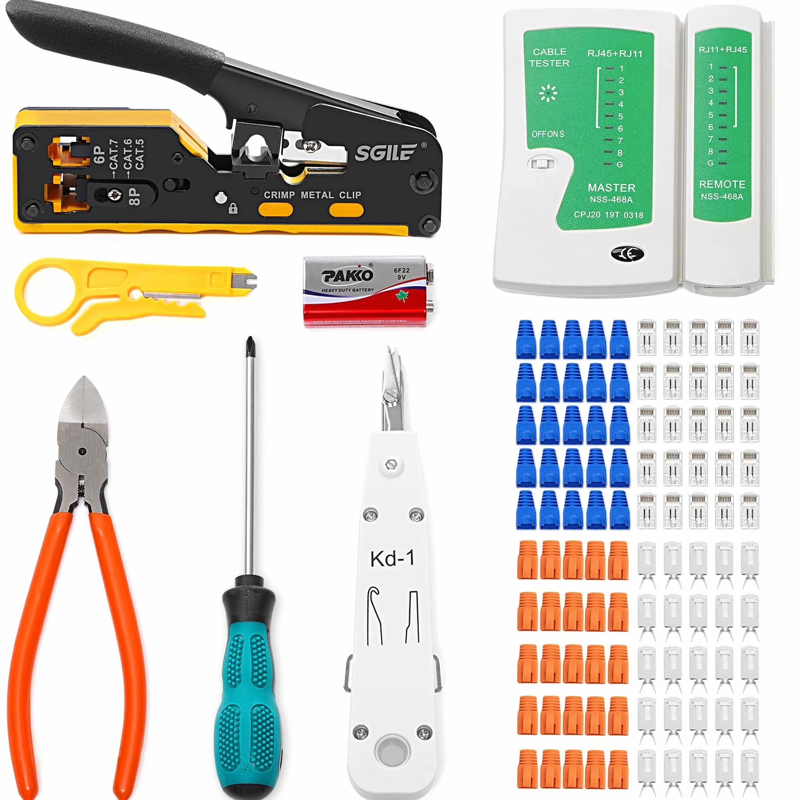 SGILE Kit di Attrezzi per Rete, Pass Through RJ45, Pinza Crimpatrice per Cat5, Cat6, Cat7, Pinza Spellafili, Tester di Rete, Universale RJ45/RJ11/RJ12, Include 25 Connettori CAT6 e 25 Connettori CAT7