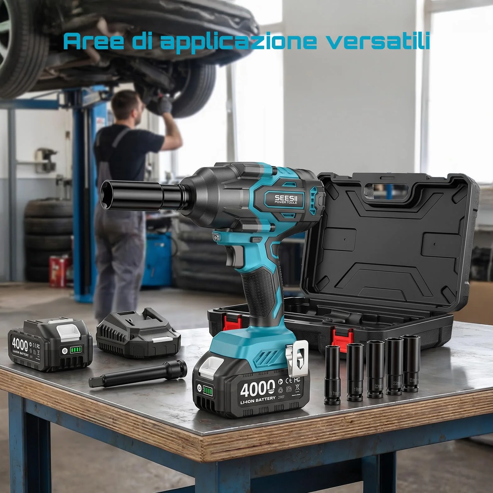 Seesii 1200 N·m Avvitatore a Impulsi 1/2" Elettrico Brushless 2 Batterie 4000 mAh con 5 Bussole