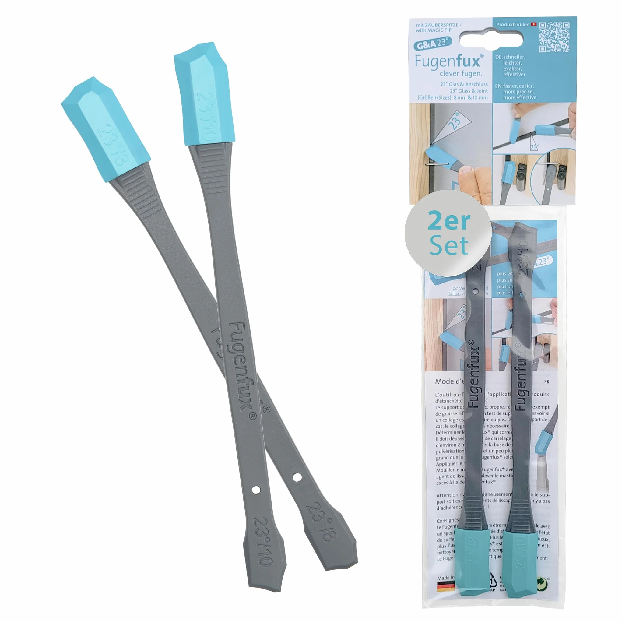 FUGENFUX® G&A 23° vetro e giunti di collegamento, estrattore per fughe piatte, set da 2 con dimensioni da 8 mm e 10 mm, punta magica rivoluzionaria per punti stretti