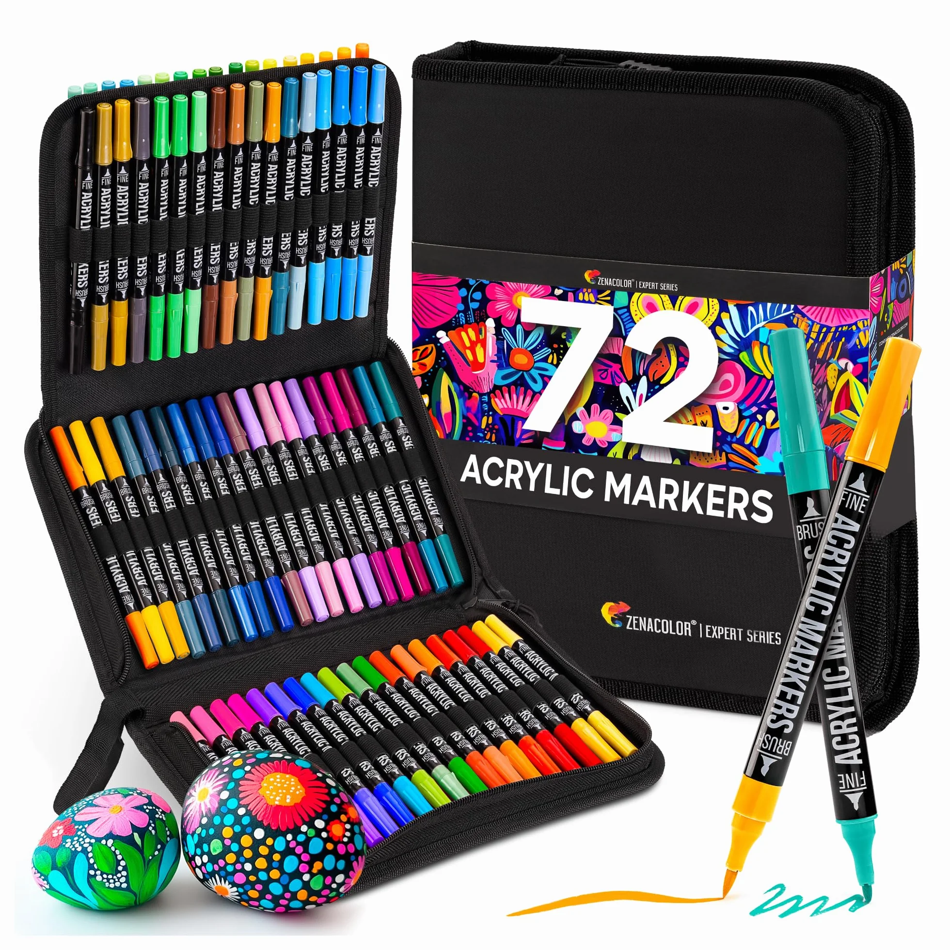 Zenacolor Pennarelli Acrilici Doppia Punta (con Punta a Pennello e Fine) - 72 Colori Indelebili per Diverse Superfici - Acrylic Marker per Vetro et per Dipingere Sassi - Astuccio Incluso