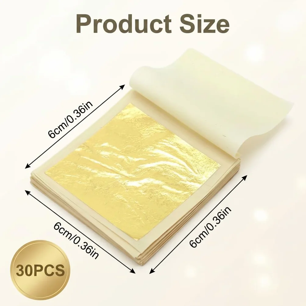 Foglia d'oro commestibile 24 carati, decorazione per torte, foglie d'oro commestibili, per fai da te, cioccolato, maschere facciali, nail art, torte, finte carta d'oro, set da 30 fogli