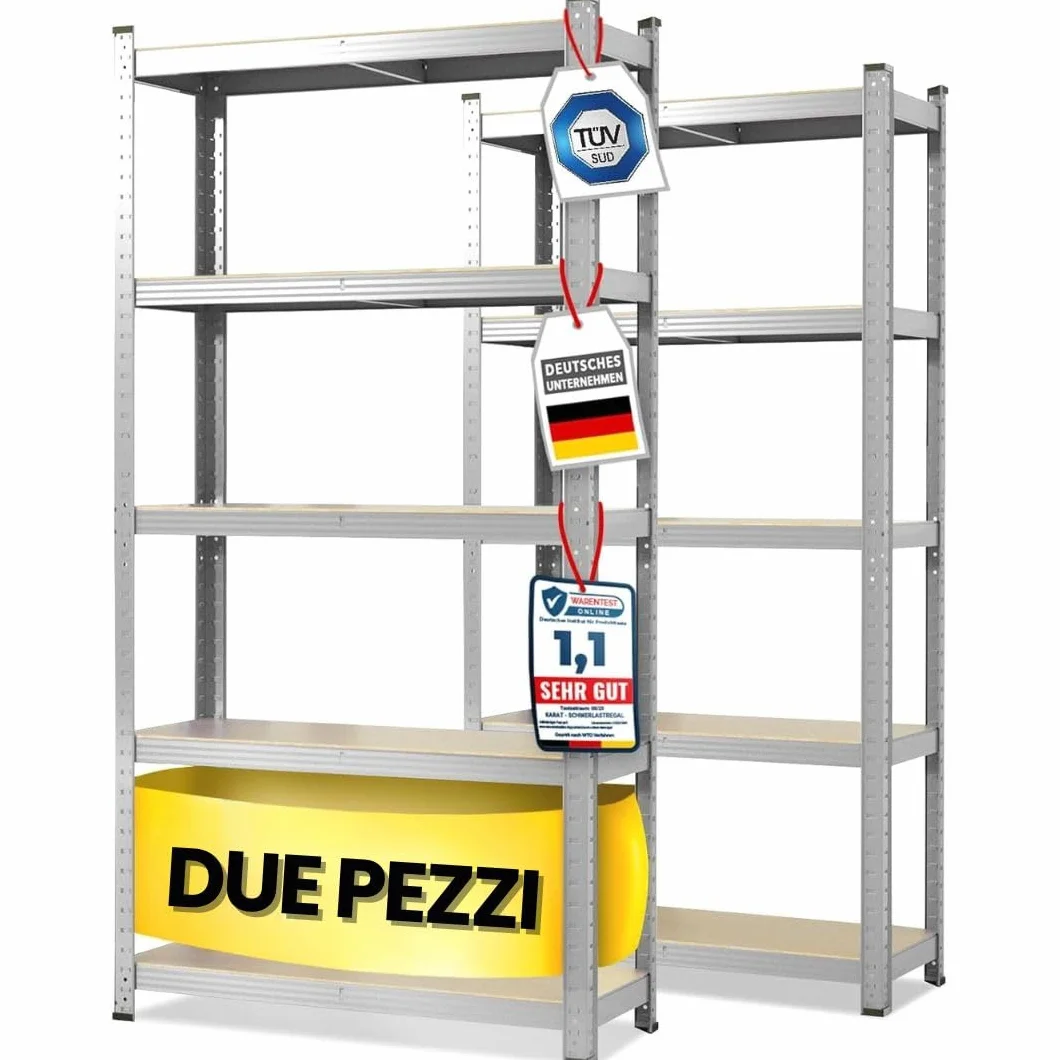 OfficeMarshal L Confezione doppia di scaffali per carichi pesanti zincati, 200 x 100 x 50 cm, scaffalatura, scaffalatura, scaffale, sistema a incastro montato senza attrezzi (Lakota)