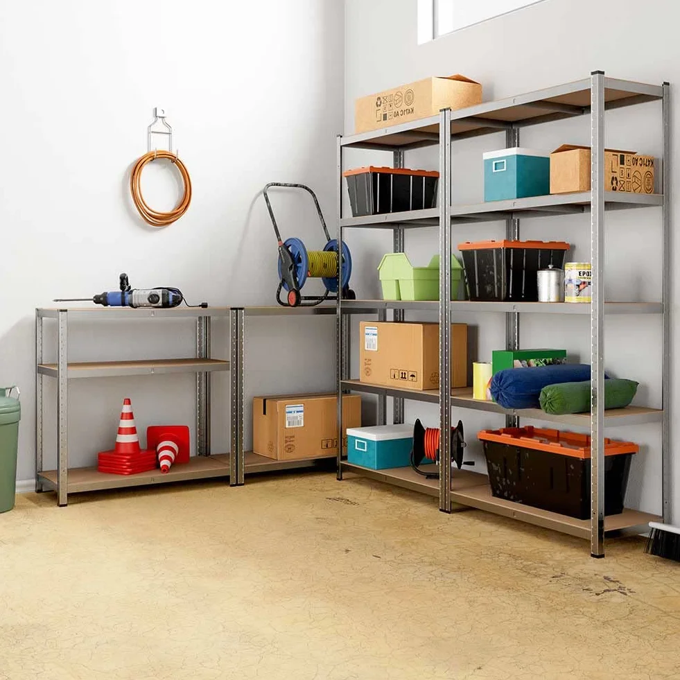 BAKAJI Scaffale Porta Oggetti, 5 Ripiani in Metallo Zincato, Grande Portata, Scaffalatura Garage legno e Metallo (2 Pezzi 180 x 90 x 40 cm)