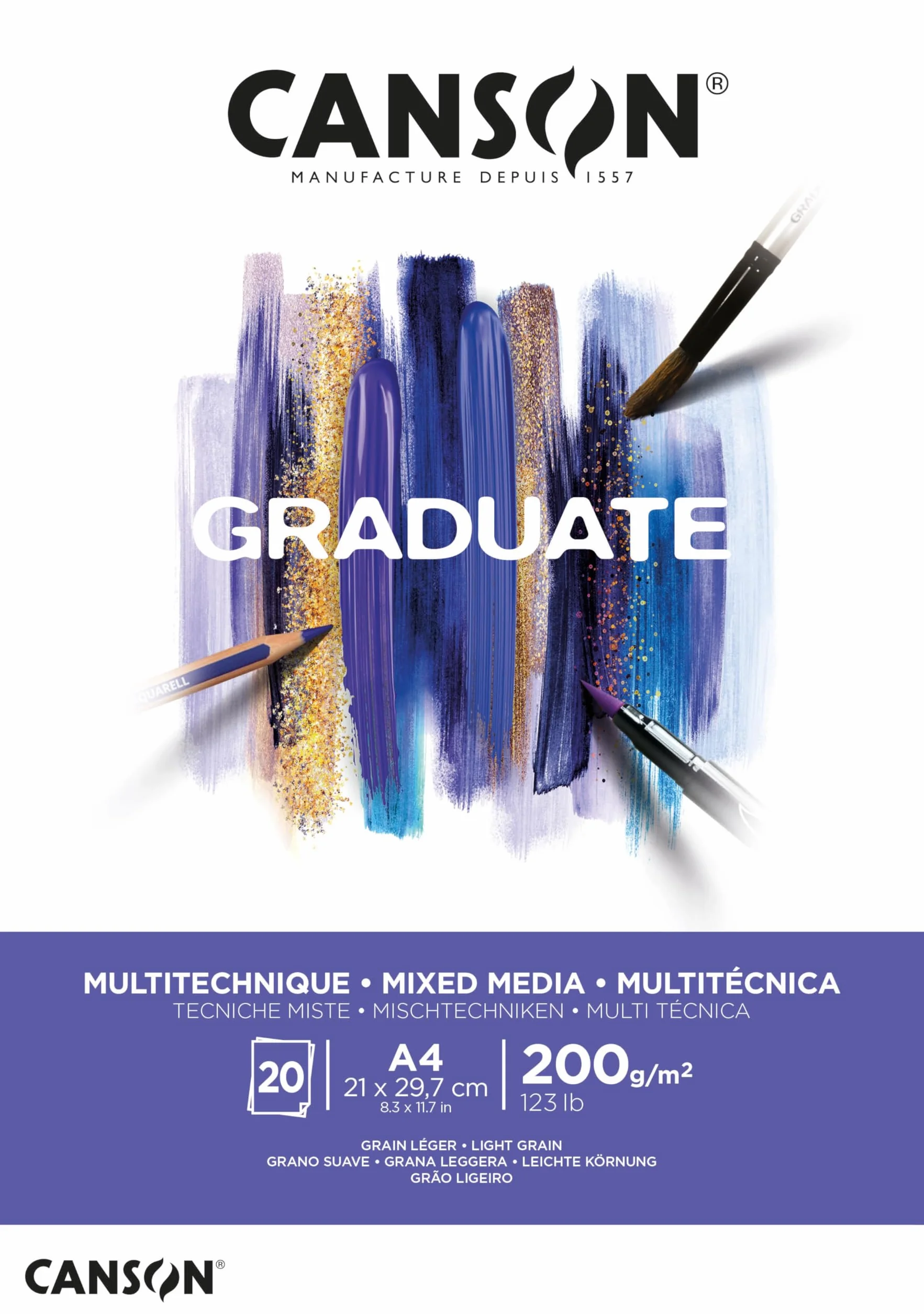 Canson Graduate Mixed Media bianco,album da disegno collato lato corto,A4,20 fogli,grana leggera,200g/m