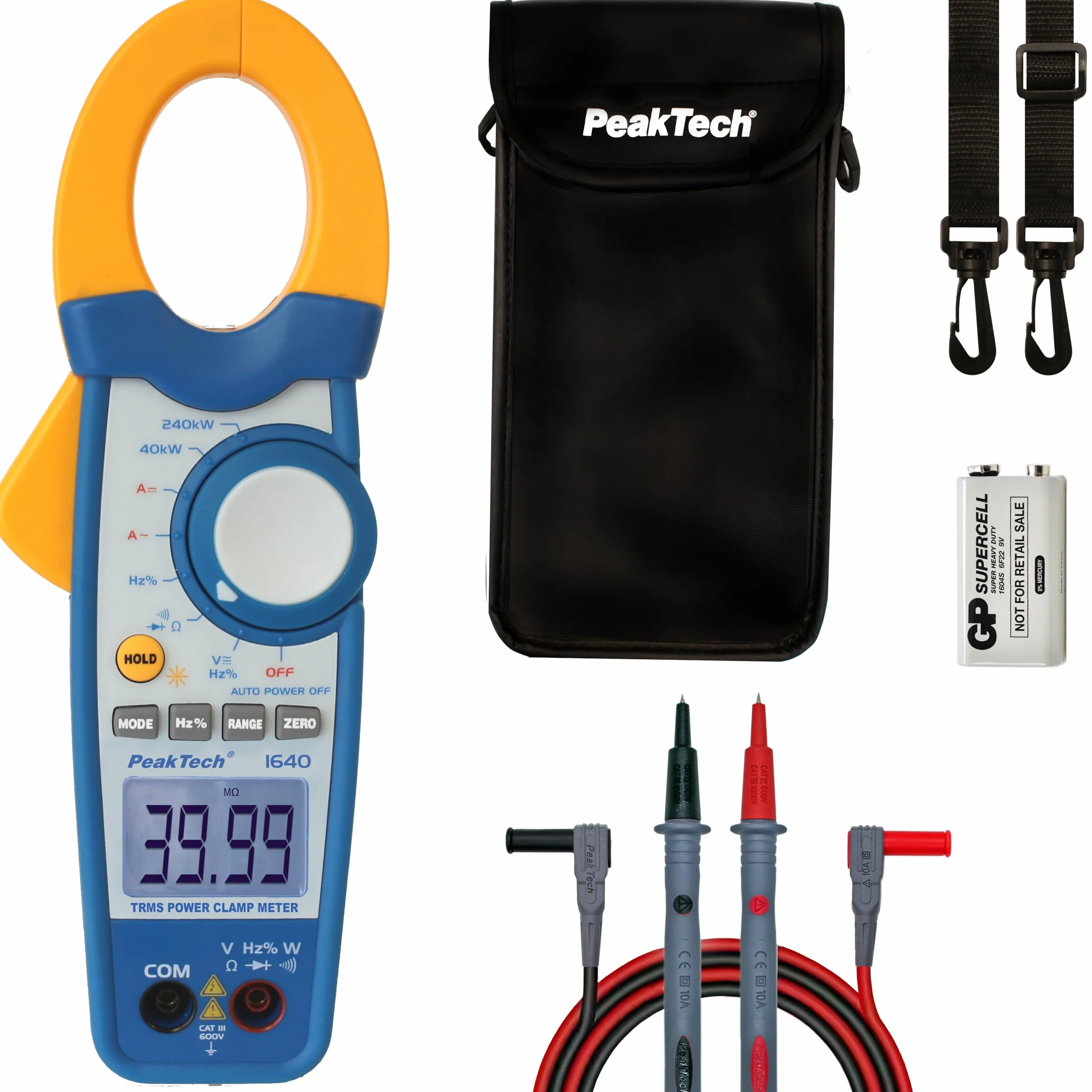 PeakTech P 1640 Pinza amperometrica True RMS 1000 A AC DC multimetro digitale 4000 conteggi con tester di continuità CAT III 600 V blu giallo bianco