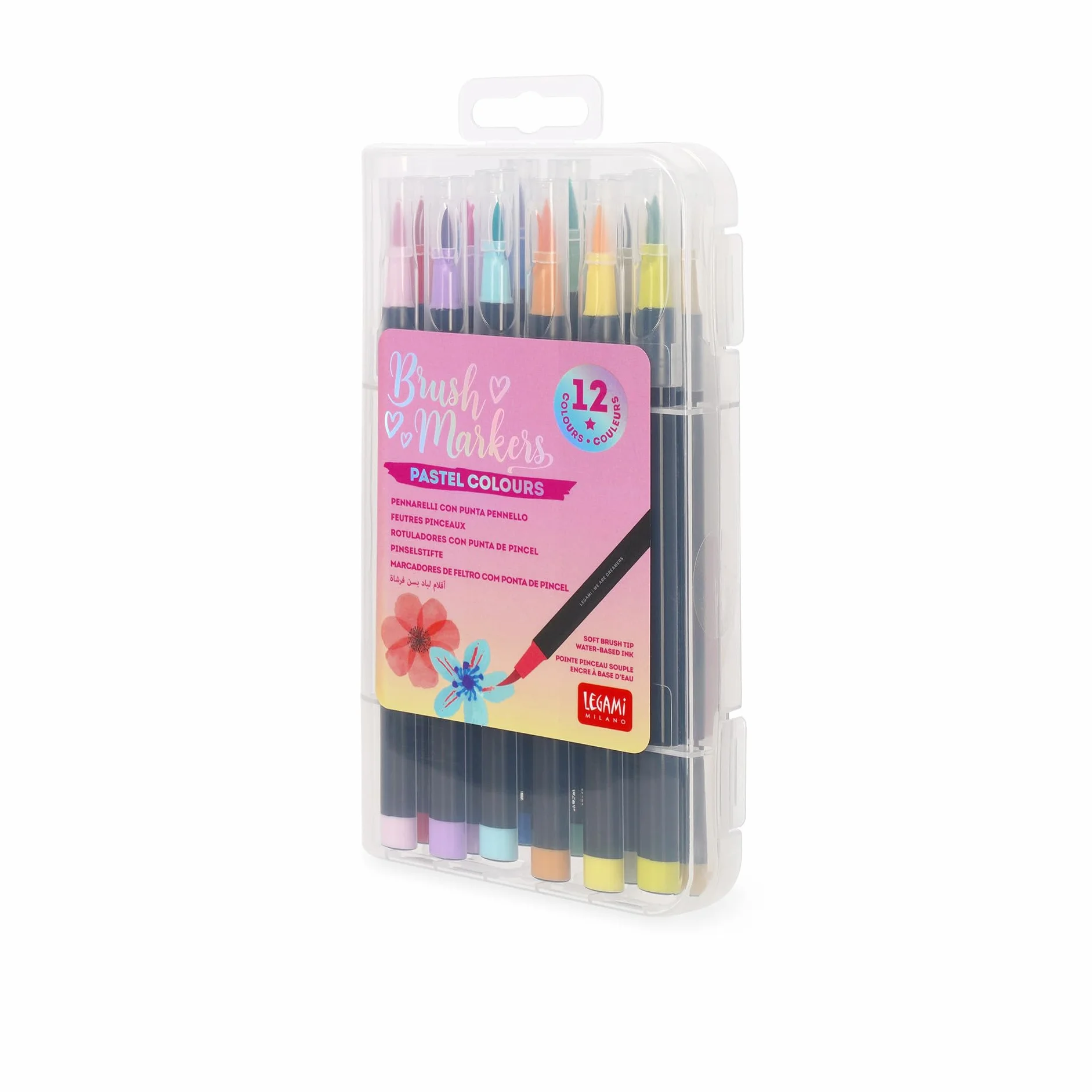Legami - Set di 12 Pennarelli con Punta Pennello - Brush Markers, Punta Flessibile in Fibra di Nylon, Pennarelli 12 Colori Pastello, Tratti Fluidi e Larghezze Variabili, Diametro Pennarello 1 cm