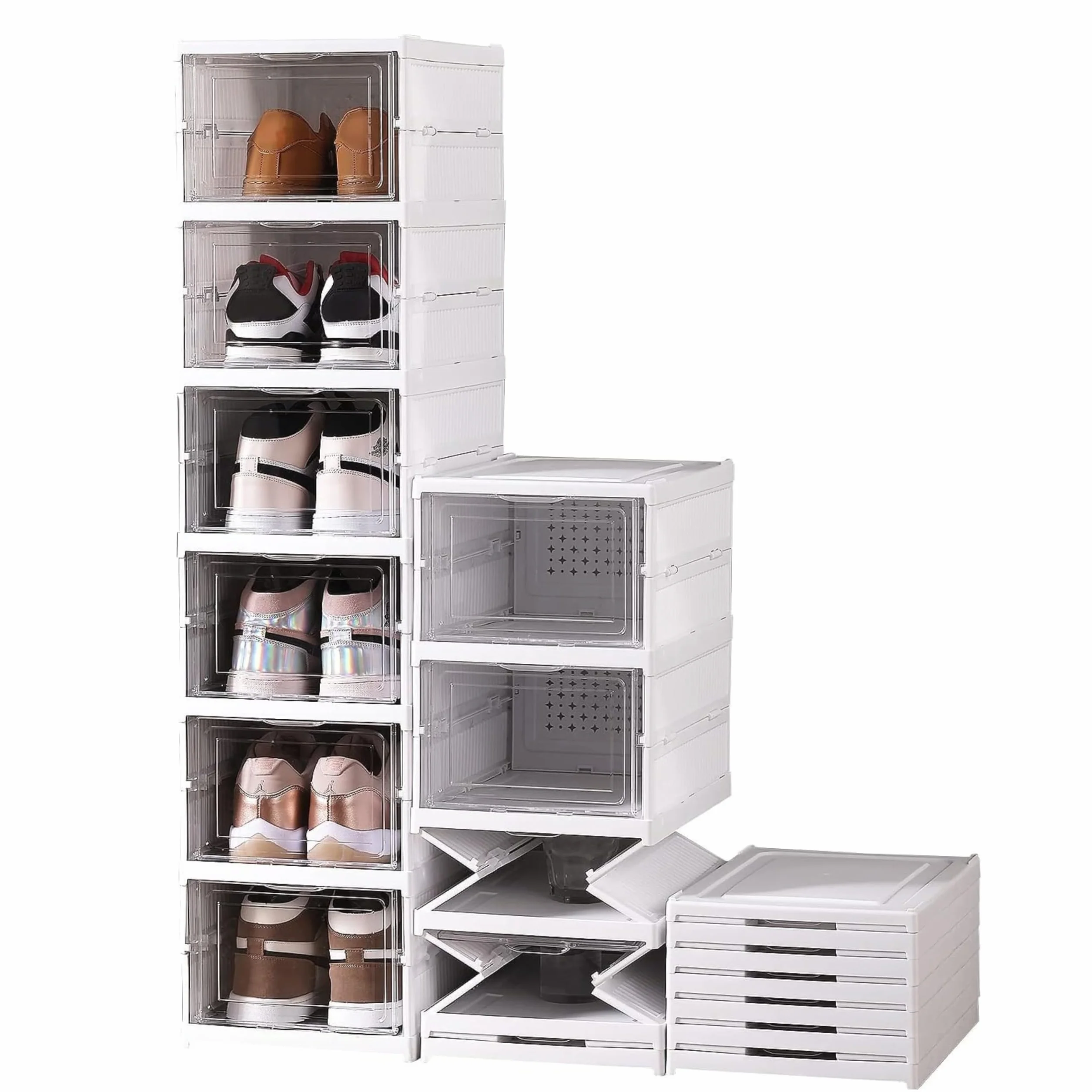 YASTA Scarpiera Armadio Salvaspazio in Plastica Pieghevole 6 Ripiani Scatole Contenitori Porta Scarpe Sportello Trasparente Organizer Ingresso Antipolvere Richiudibile 35,5P x 25,5l x 105H cm