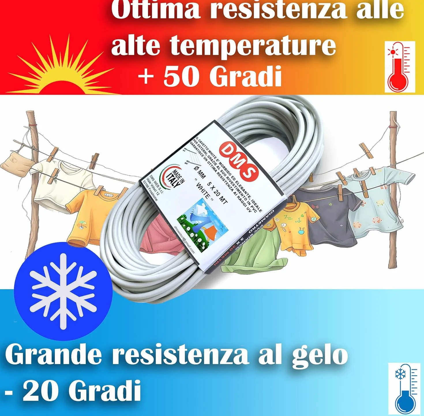 DMS Filo per stendere il bucato da esterno 20Mt - diametro mm 5. Resistente. Cavetto in acciao rivestito, stendibiancheria Prodotto Italiano (20 MT)