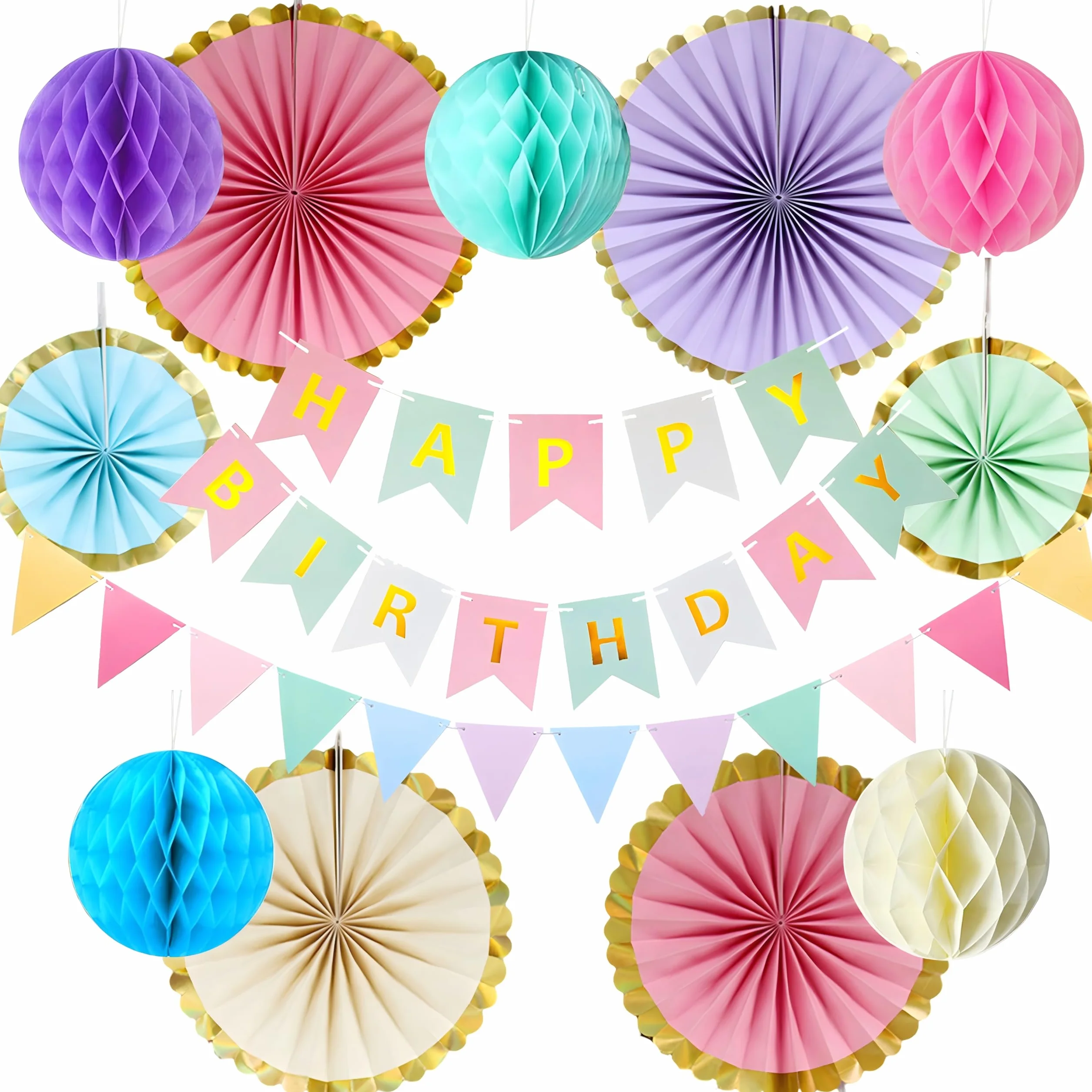 Decorazione Compleanno Pastello, Striscione Happy Birthday Bandierine Pastel Ventagli di Carta Appesi Addobbi Festa Ragazza