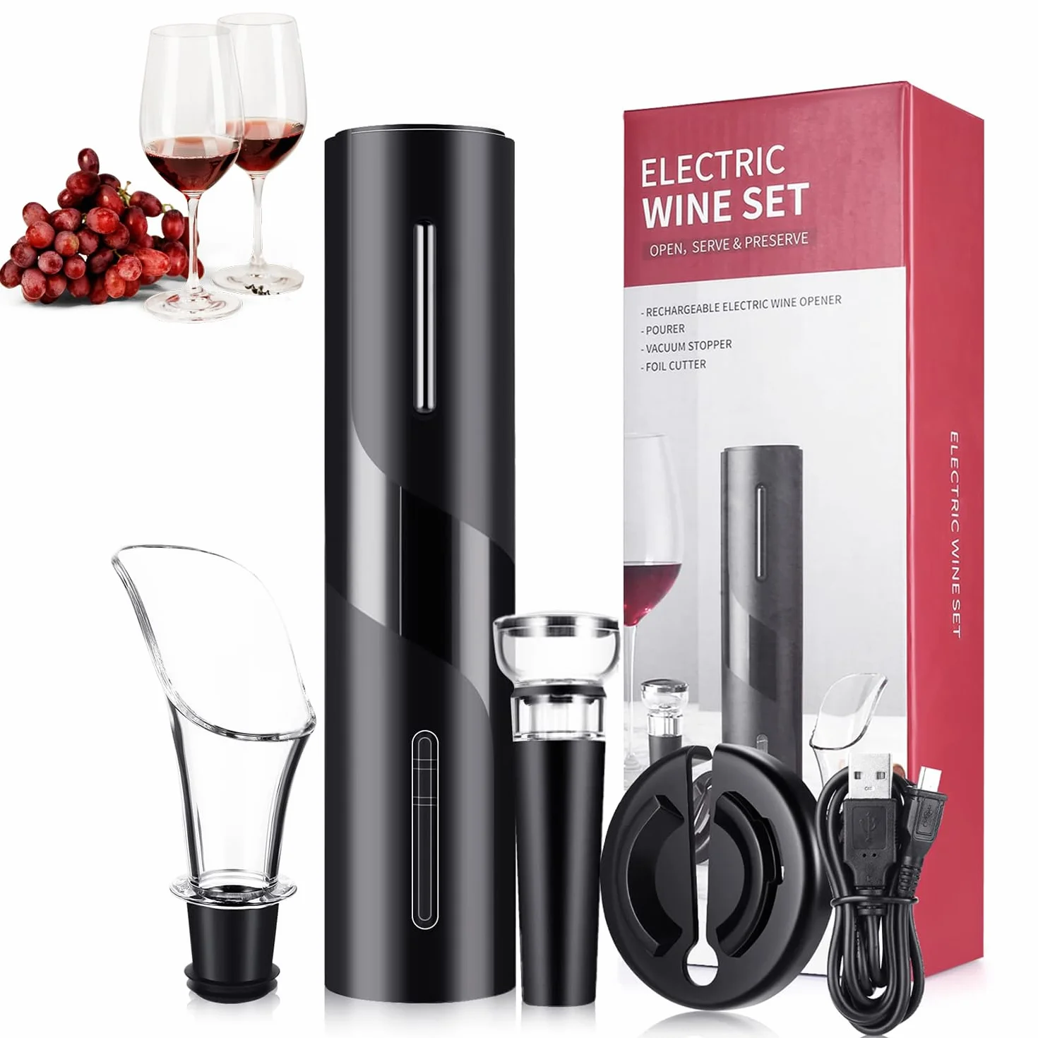 Cavatappi Elettrico per Vino, Apribottiglie Vino Elettrico 6 in 1 con Taglia Capsula, Versatore, Tappo di Tenuta, Tappo a Vuoto e Cavo USB, Ricaricabile USB, Regalo per Uomo, Appuntamenti