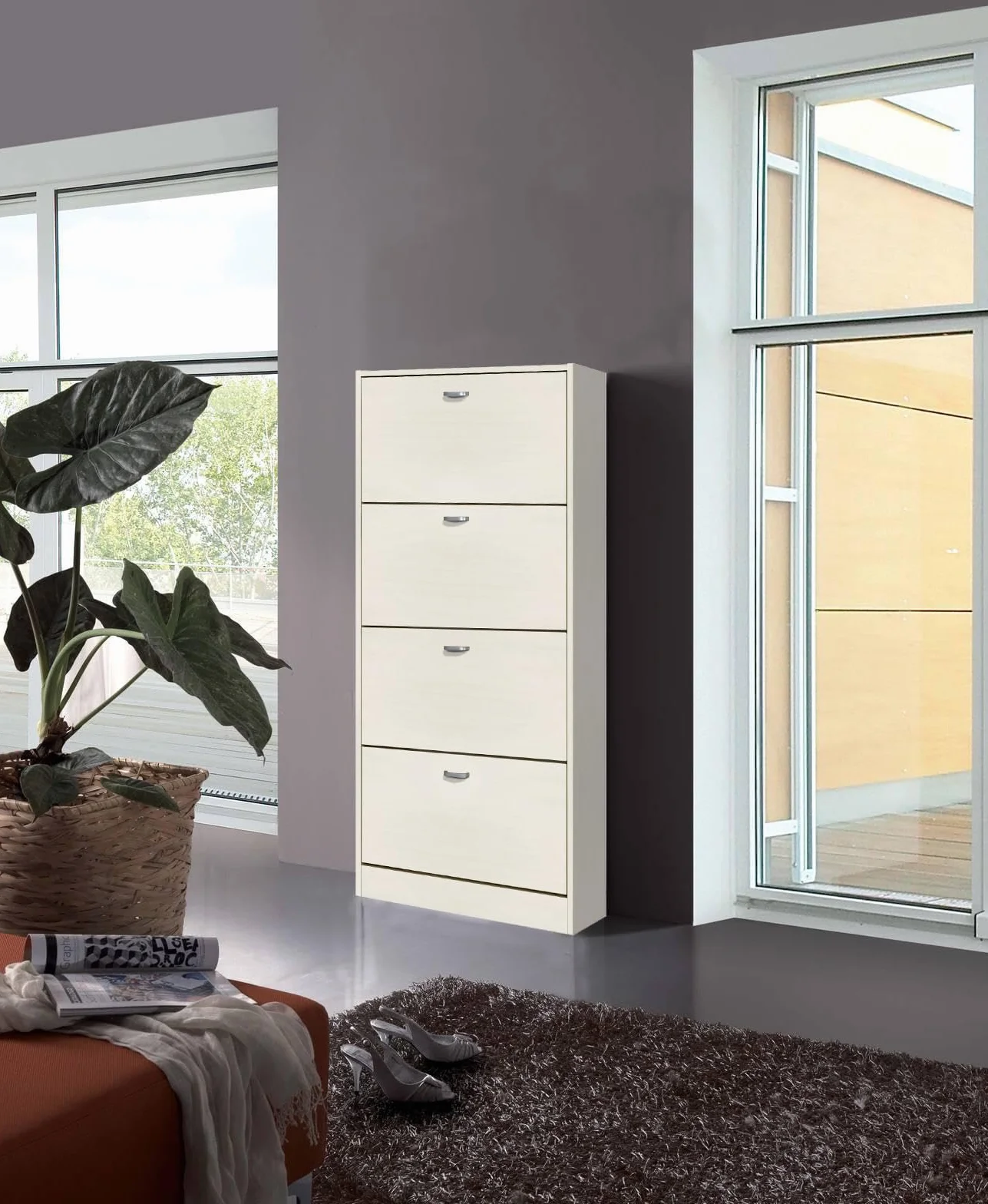 eacommerce Scarpiera in Legno Mobiletto Scaffale Organizer Scarpe Doppio Scomparto Slim (4 Ante - 63x24x150H cm, Bianco Nordico)