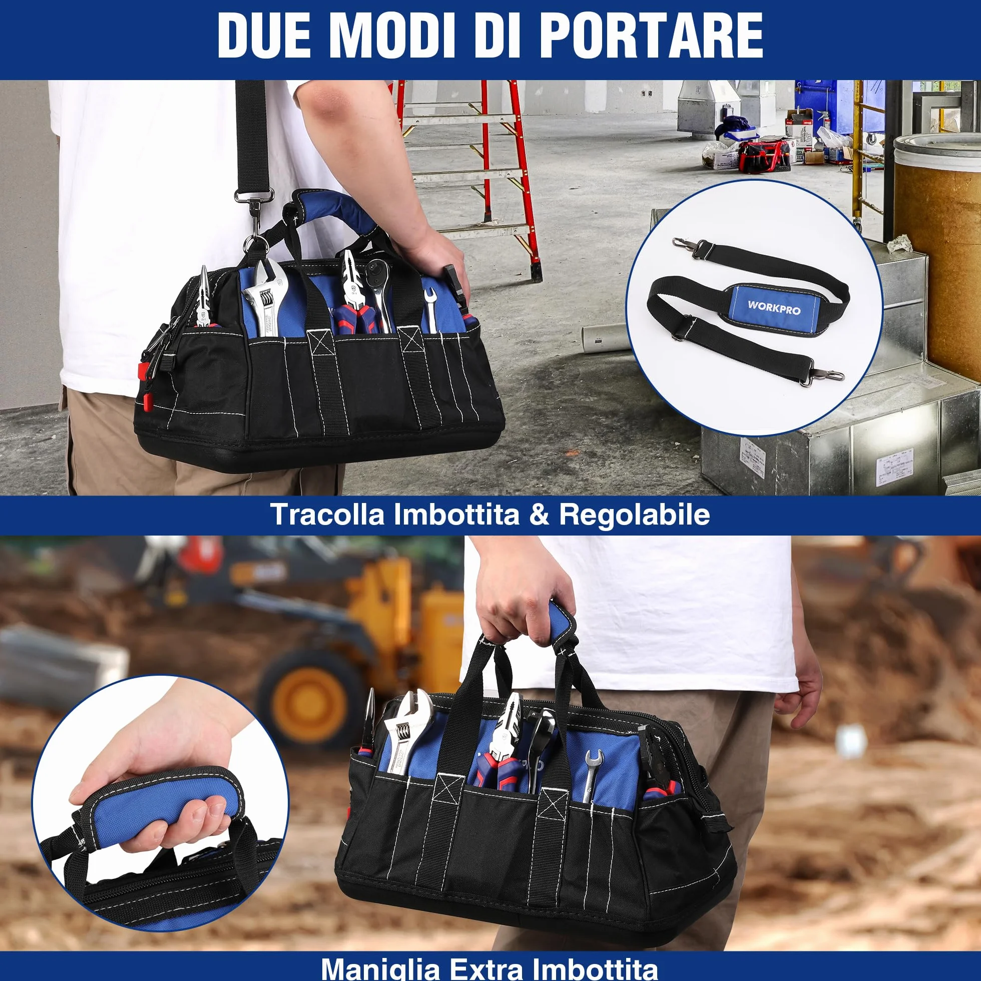 WORKPRO Borsa porta Attrezzi Lavoro a Bocca Ampia 40 x 22 x 26 cm, Multitasche per Impieghi Pesanti, con Base Rigida in Plastica Impermeabile, Portautensili