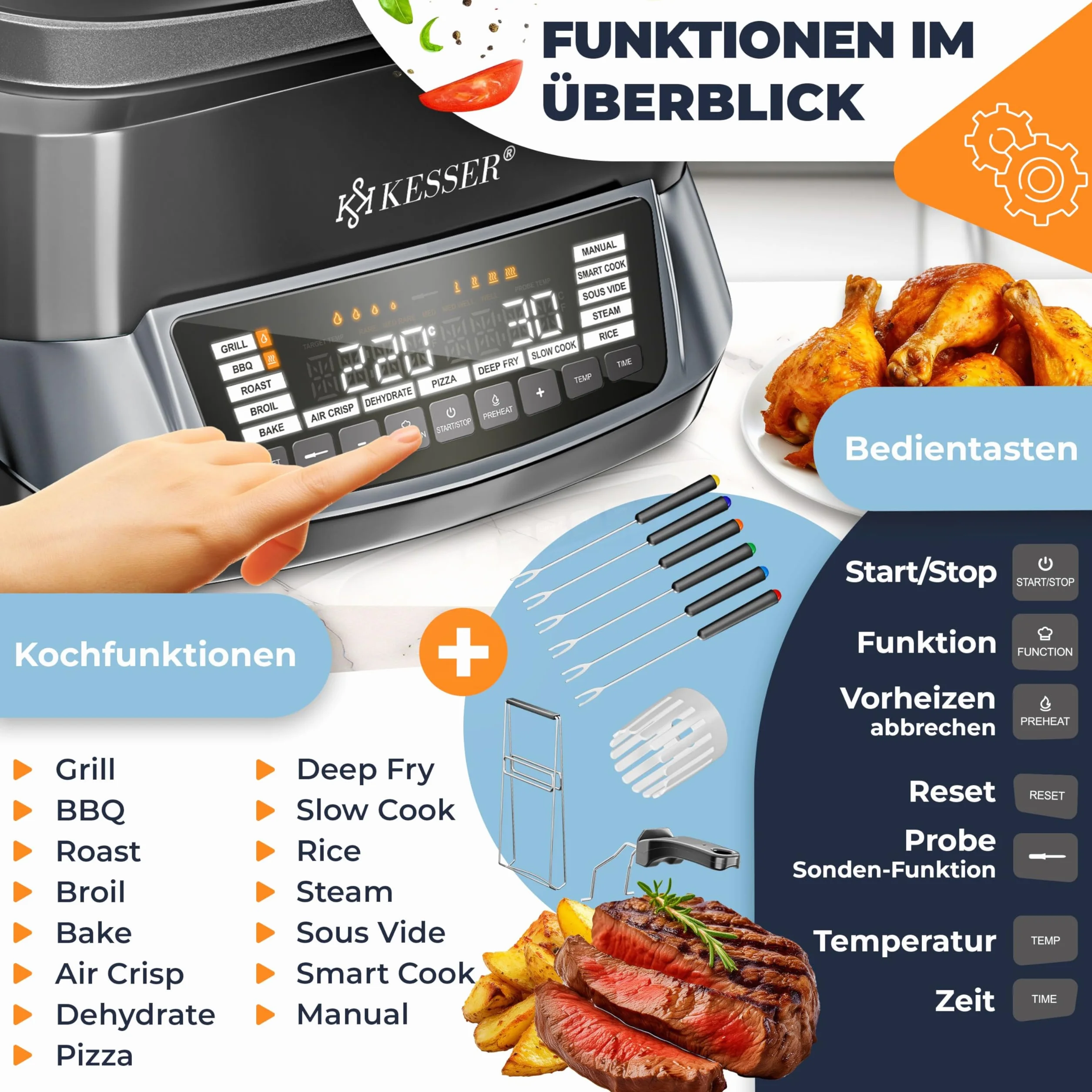 KESSER® Fornello multicooker con friggitrice ad aria calda, 8 l e 16 programmi, utensile da cucina – grigliare, cuocere, stufare, cuocere a vapore, funzione preriscaldamento e mantenimento del calore