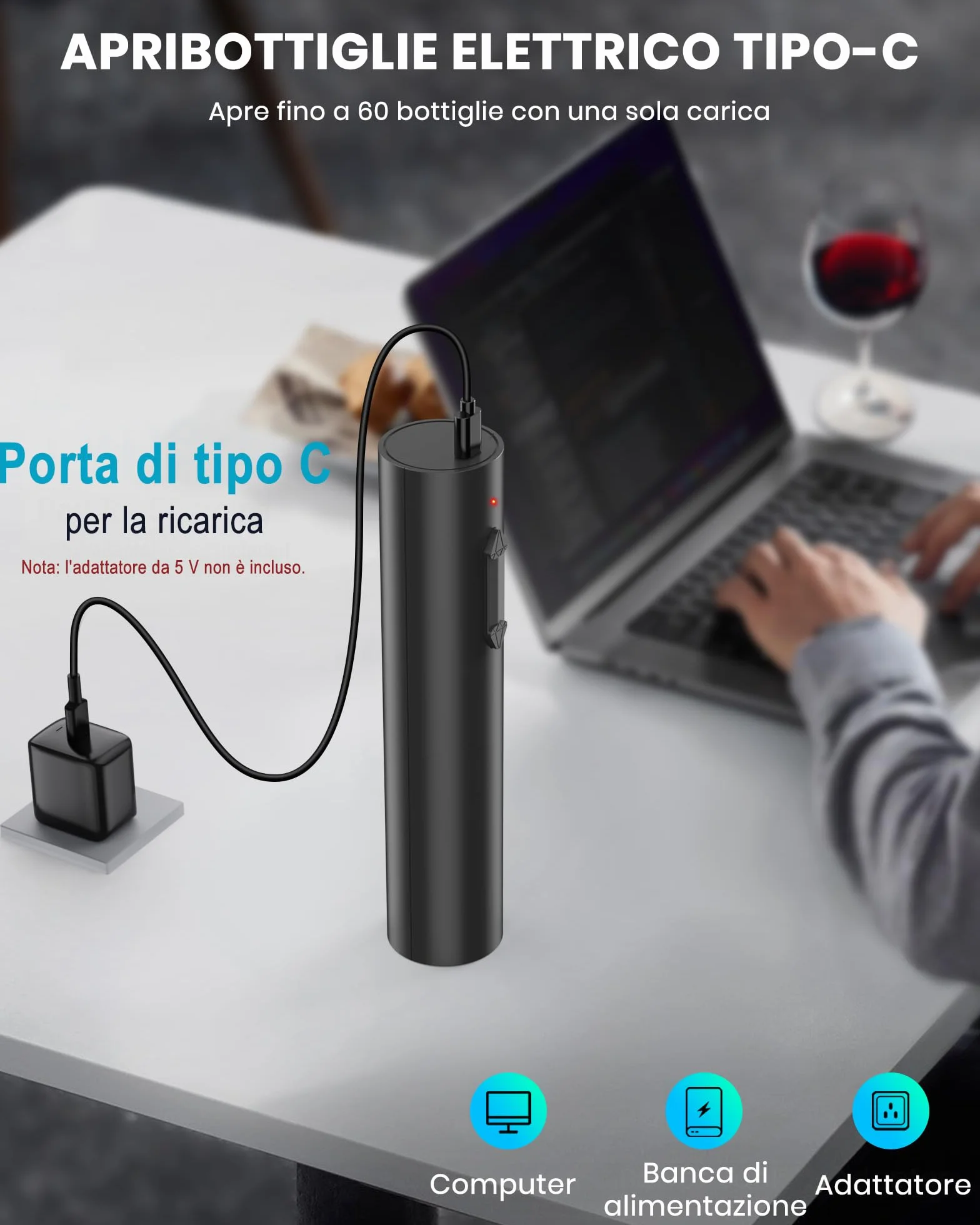 Cavatappi elettrico ricaricabile per vino, apribottiglie elettrico idee regalo uomo donna compleanno con taglierina per fogli e cavo di ricarica USB per festa in cucina a casa matrimonio