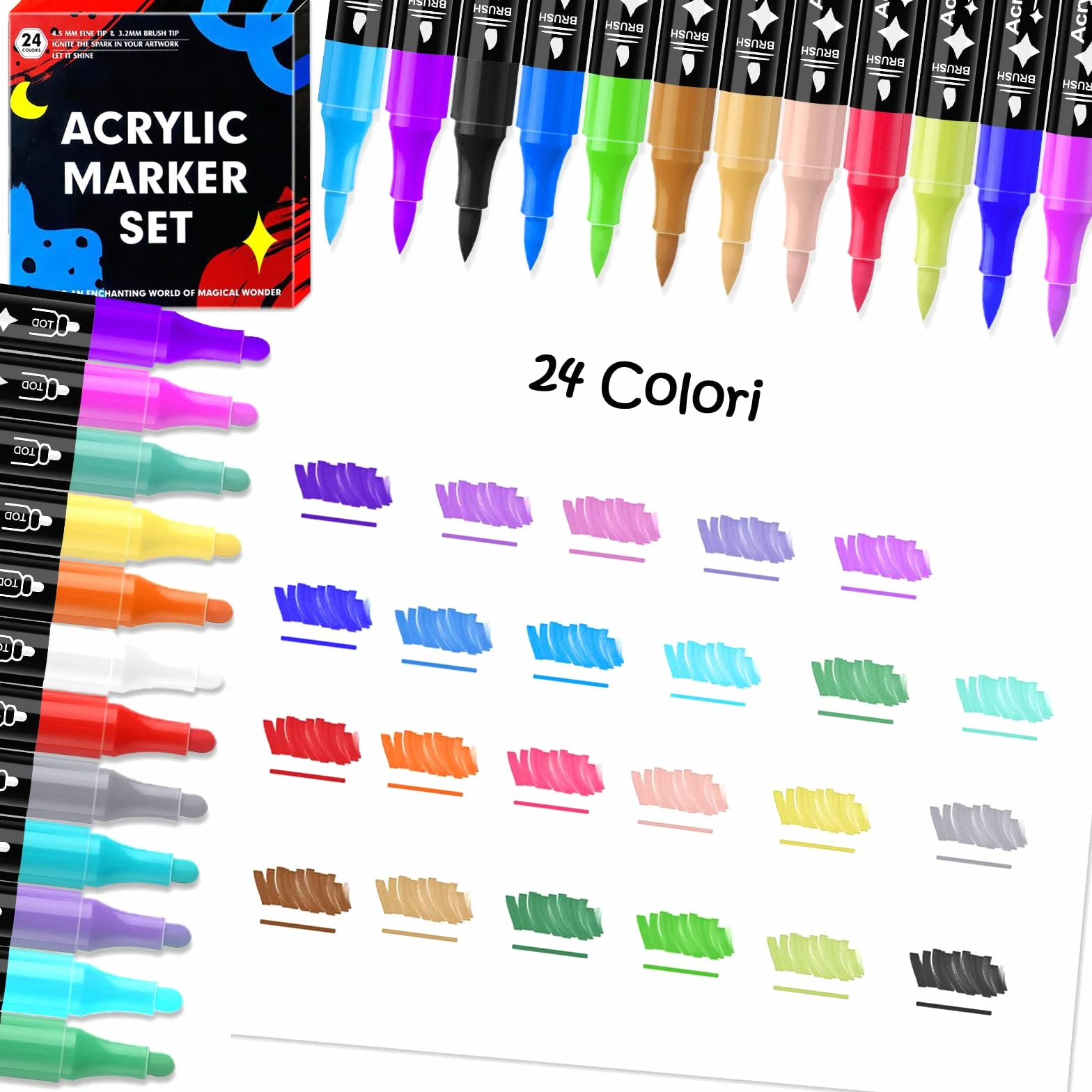 24 Colori Pennarelli Acrilici Doppia Punta,Set di Pennarelli a Punta fine e Media,Acrylic Marker Ad Acqua per Dipingere Sassi, Colorazione, Legno, Vetro, Tessuti, Pittura