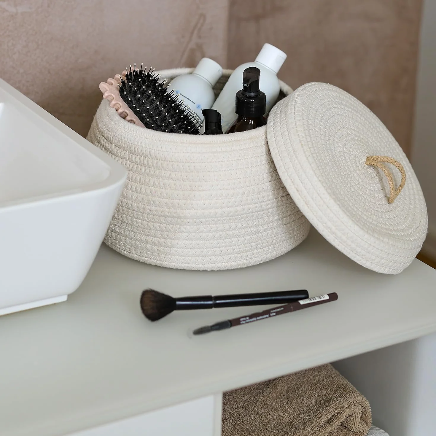 HMF Cesto portaoggetti rotondo per il bagno, con coperchio in cotone, altezza 25,5 x 19 cm, colore crema