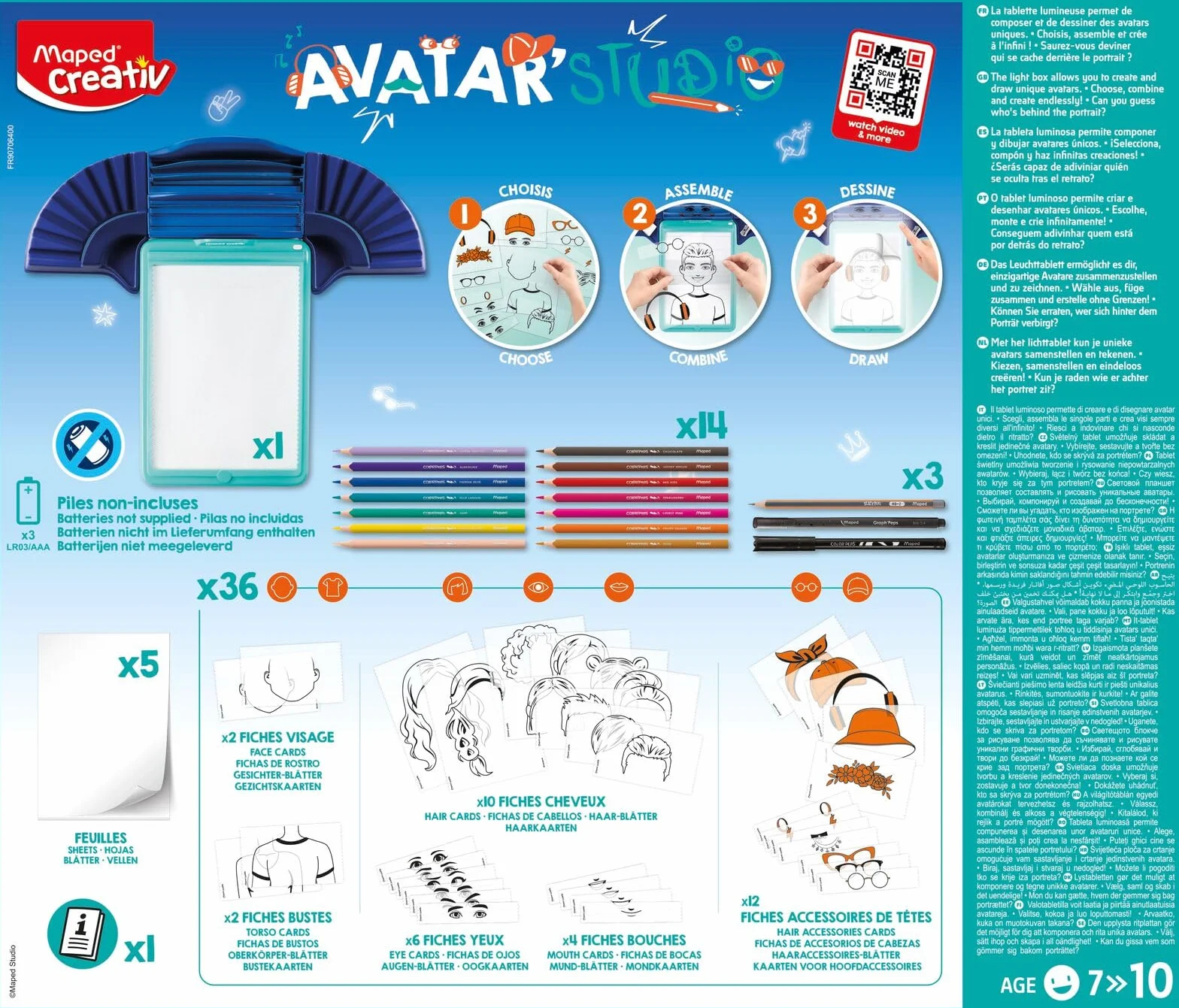 Maped - Artigianato per bambini - Avatar Studio - Collezione Creativ - Scatola luminosa da colorare - Include macchina da disegno con luce e 36 modelli per calcare - Calca e colora avatar