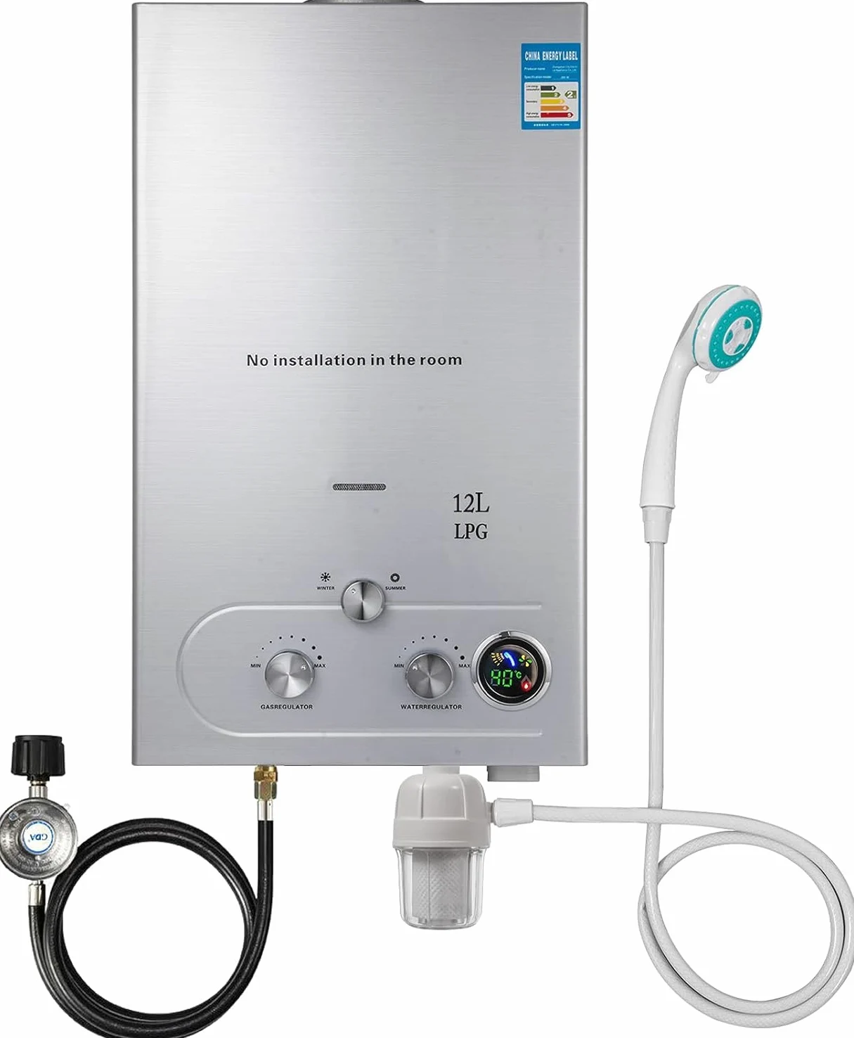 12L Scaldabagno a Gas GPL con Modalità Inverno ed Estate Caldaia a Gas GPL da 24 kW a Parete senza Serbatoio Scaldacqua Istantaneo Automatico con Anima in Rame e Display a LED