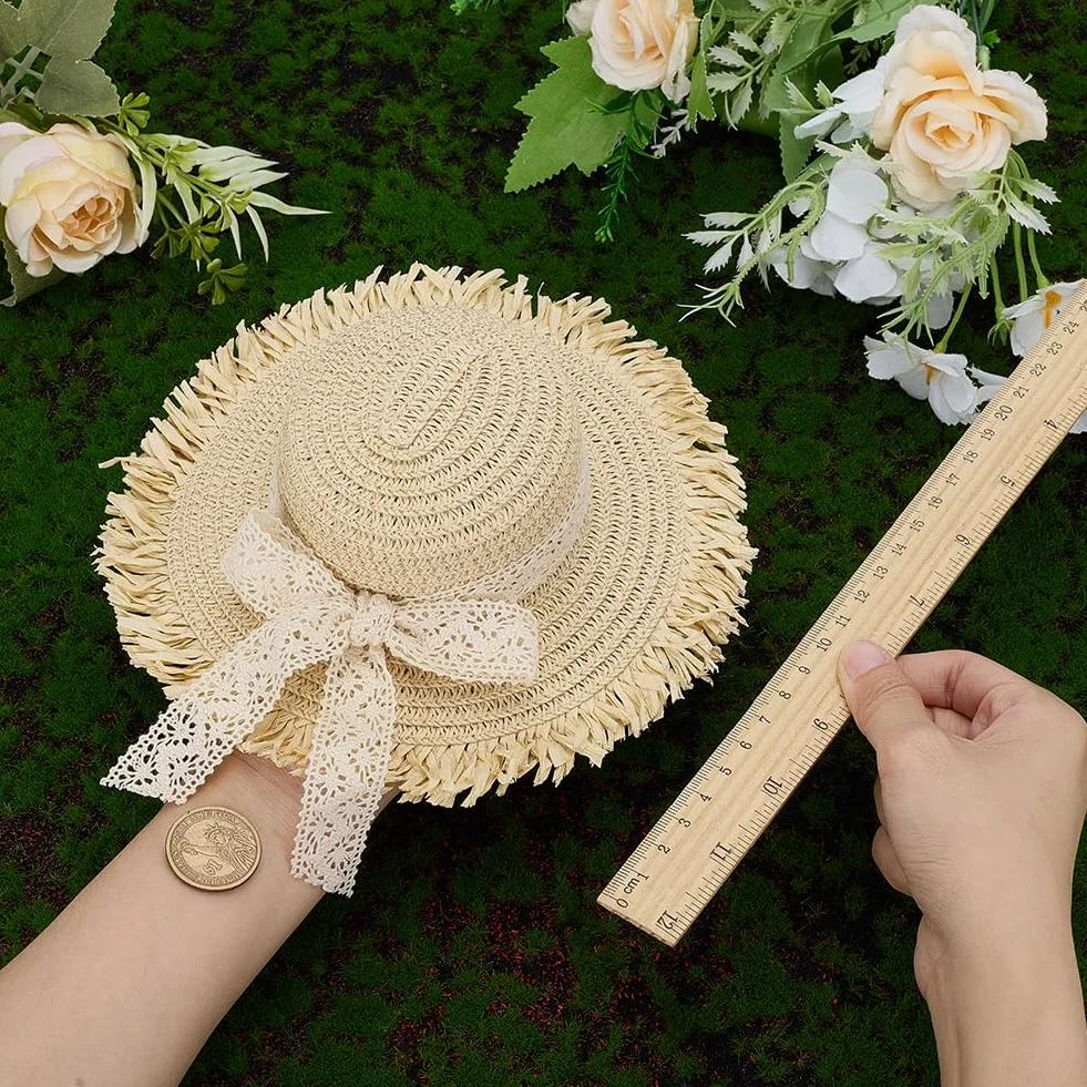 FINGERINSPIRE Cappelli di Paglia 87.5mm Beige Fiocco Bianco Decorazioni Cowboy Berretto Intrecciato Fai da Te