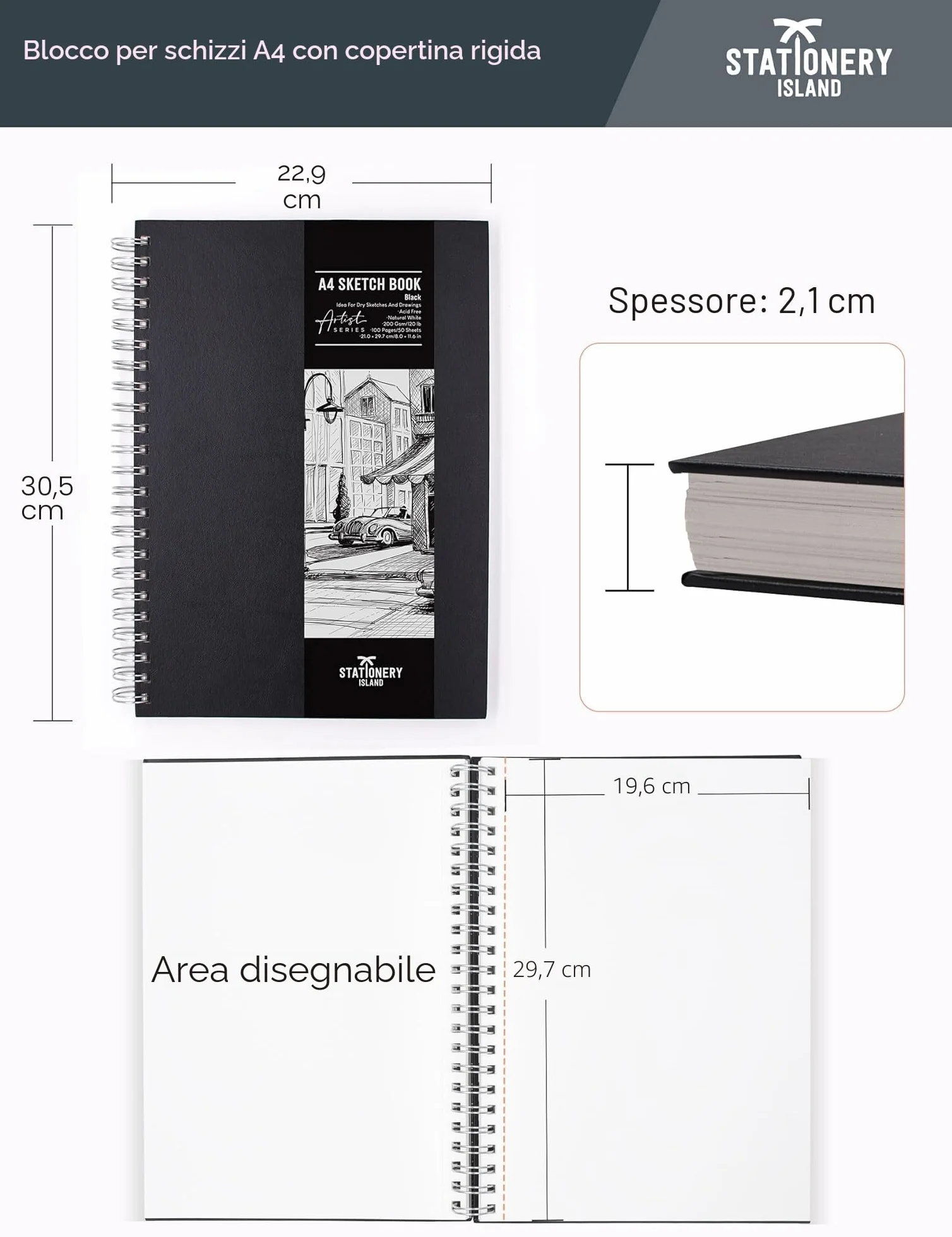 STATIONERY ISLAND Quaderno per schizzi A4 Copertina rigida, Cartuccia spessa 200 gsm Quaderno per schizzi, Blocco per schizzi A4 con rilegatura a spirale, Quaderno artistico 50 fogli / 100 pagine