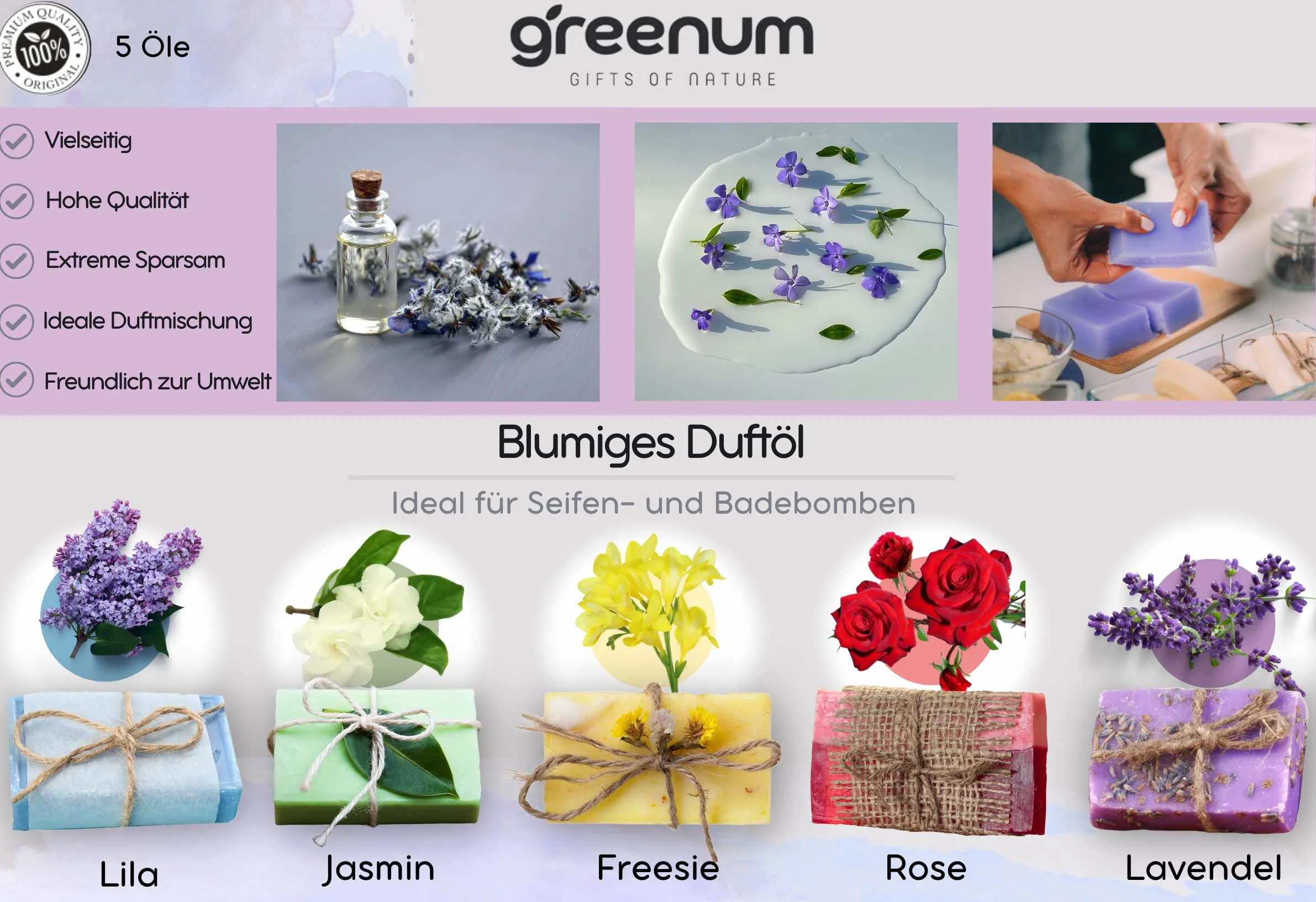 Profumi di sapone, olio profumato per sapone, profumo gelsomino, rosa, lavanda, lilla e fresia, oli profumati per la produzione di sapone, 5 x 10 ml profumi di sapone in bottiglie di vetro