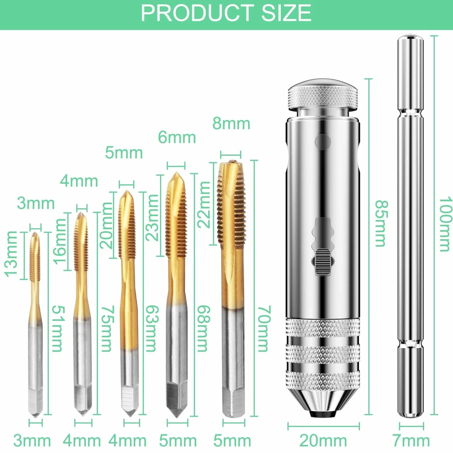 Set di Chiave a Cricchetto, 5 Pezzi Maschi per Filettatura M3/ M4/ M5/ M6/ M8 + 1 Pezzi Giramaschi a T, Filettatrice Manuale Regolabile, Maschi per Filettare con Rivestimento in Titanio