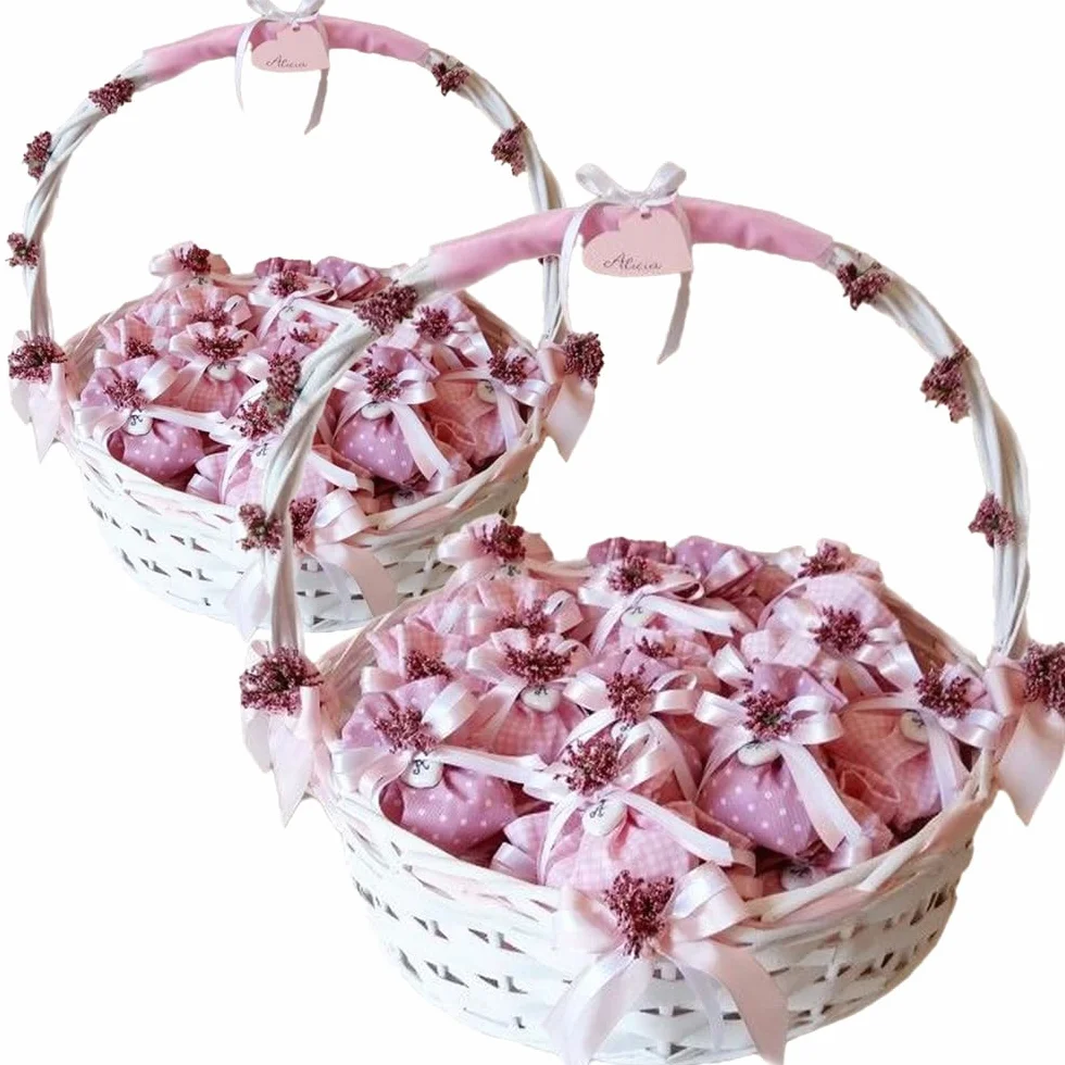 Virsus Set 2 Cesti in Vimini Bianchi 823, misure 47x38x39 cm e 54x47x44 cm, Cesto intrecciato con Manico, Cestini Portaoggetti, Cesti Decorativi Regalo per Feste, per Bomboniere