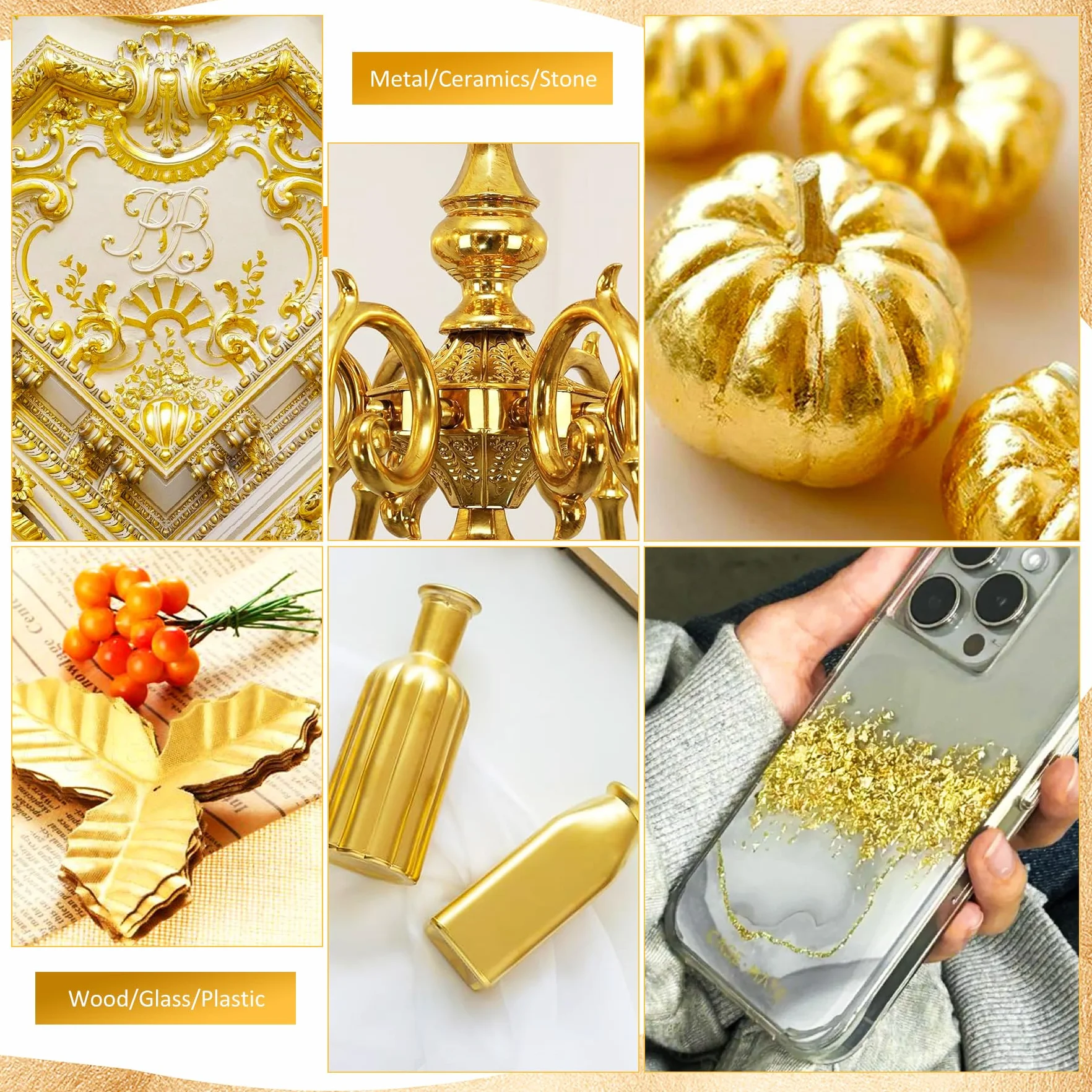 Kit Colla per Doratura con Foglia d'Oro - 200ml Adesivo e Vernice a Base d'Acqua con Pennello, 100 Foglie d'Oro per Arte, Artigianato, Pittura, Decorazione Mobili - Materiali per Pittura e Doratura