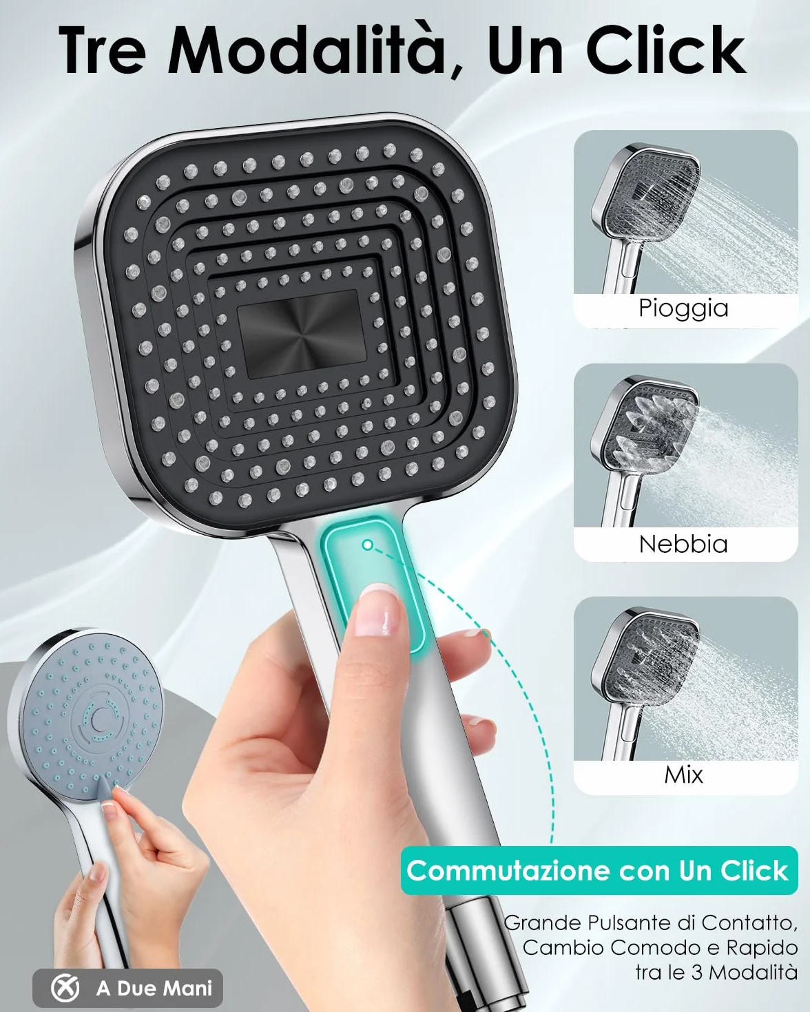 Soffione Doccia Anticalcare, Doccino per Doccia Alta Pressione, Doccetta Grande 135 mm 【Silicone Qualità Alimentare】, 【Risparmio idrico 43%】, Telefono Doccia 3 Modalità di Getto, Cromato (senza tubo)