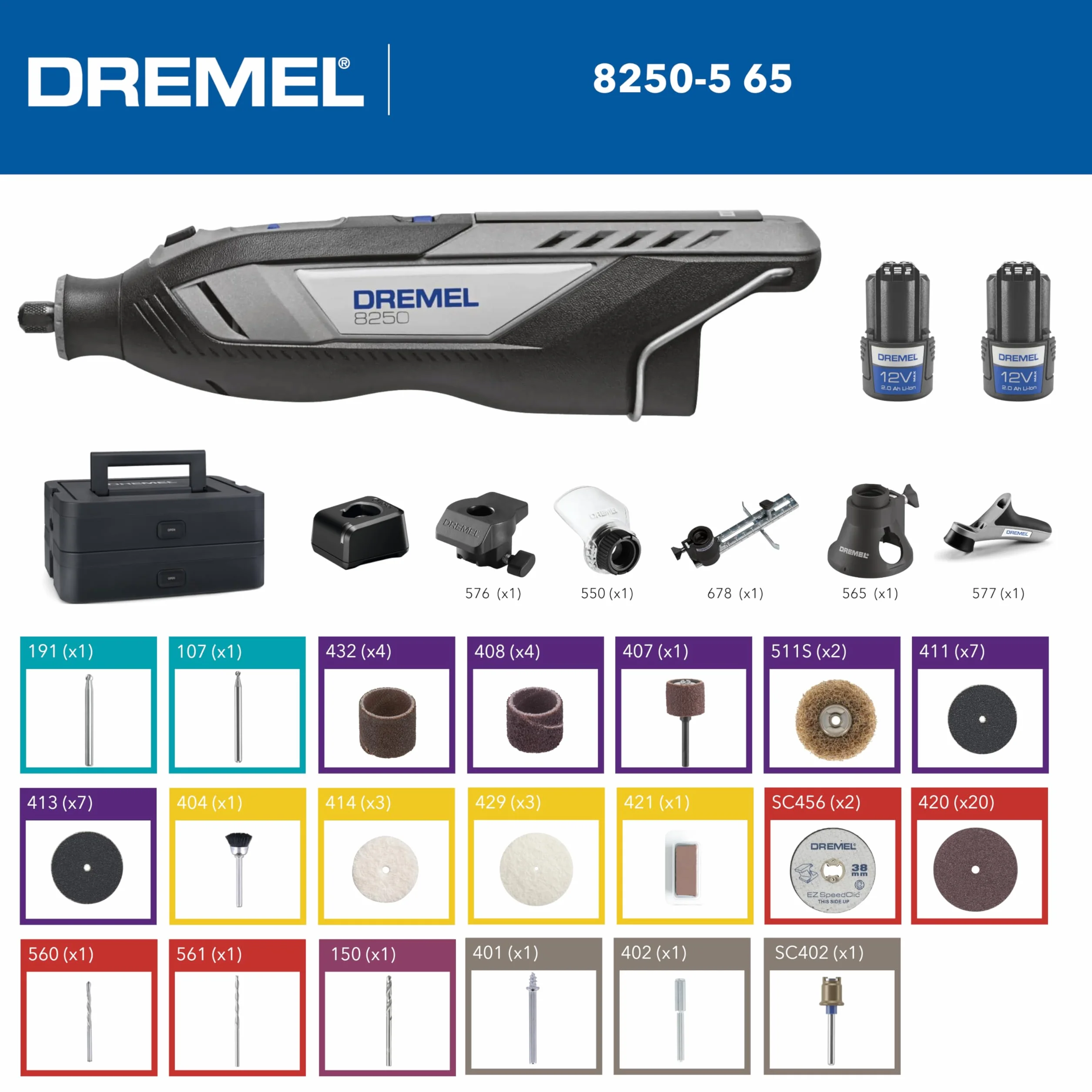 Dremel 8250 Multifunzione Rotativo Senza Fili 12V Brushless 5.000-30.000 giri/min con 65 Accessori e 2 Batterie