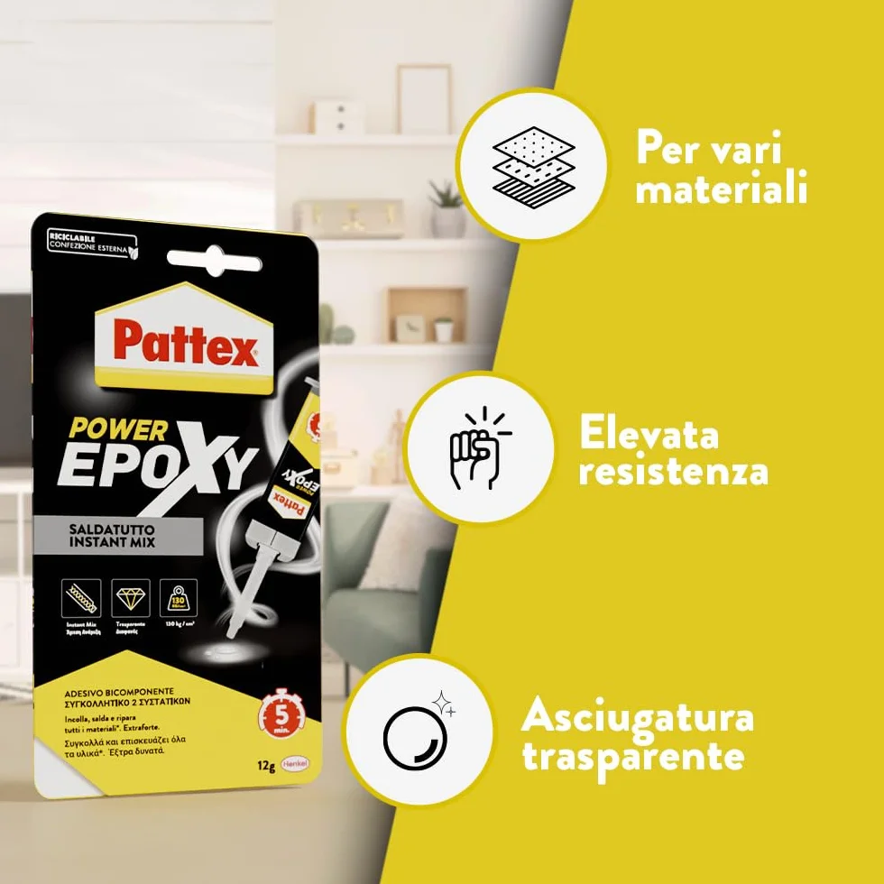 Pattex Power Epoxy Saldatutto Mix 5 minuti, forte colla epossidica bicomponente a elevata tenuta finale, colla multiuso adatta per quasi ogni materiale,, 1x12g