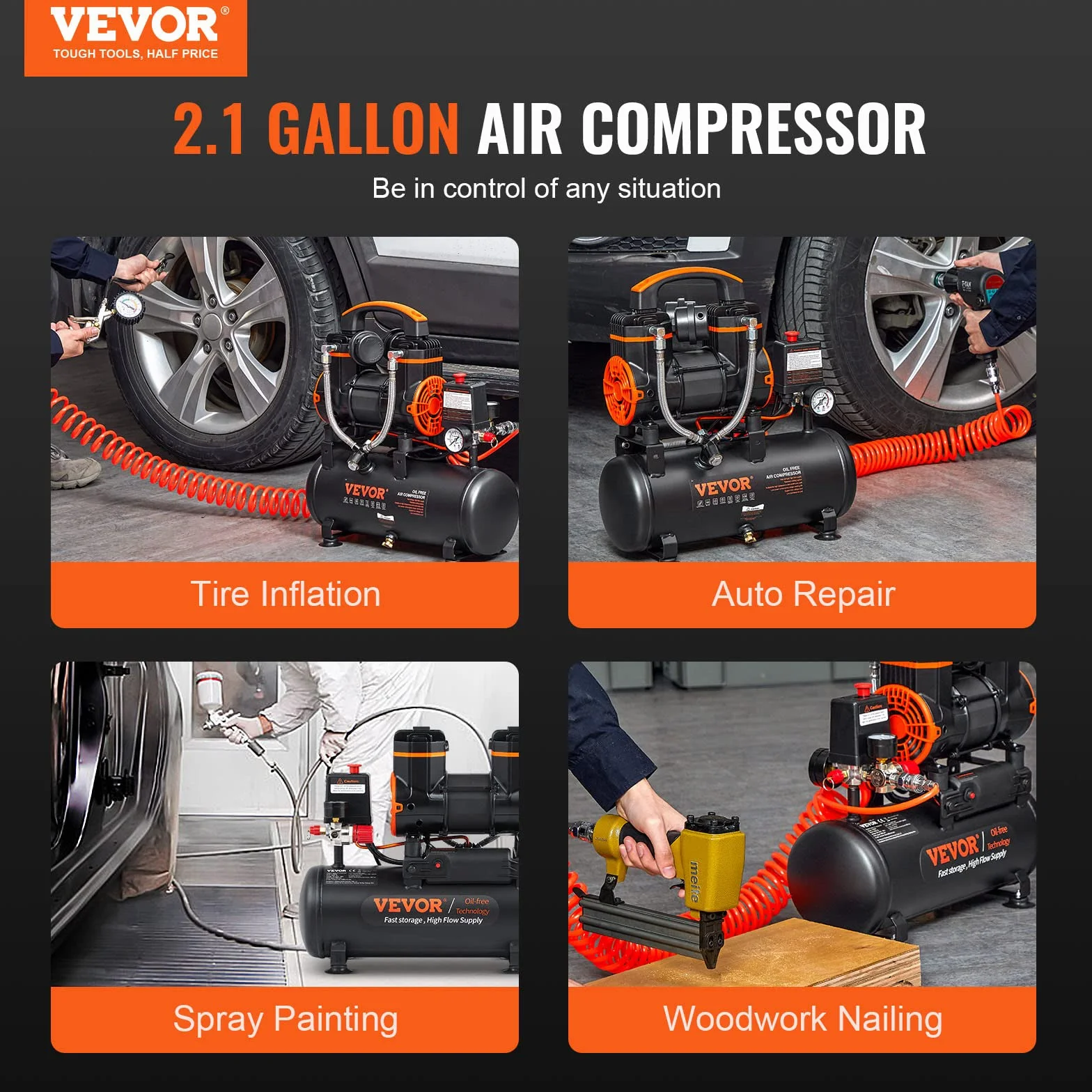 VEVOR Compressore d'Aria a Secco Portatile 8L, Senza Olio, Motore 900W, Velocità 2800 giri/min, per Aerografo Inchiodatura, Rumore 70dB 2 Silenziatori, Temperatura -50℃ - 40℃