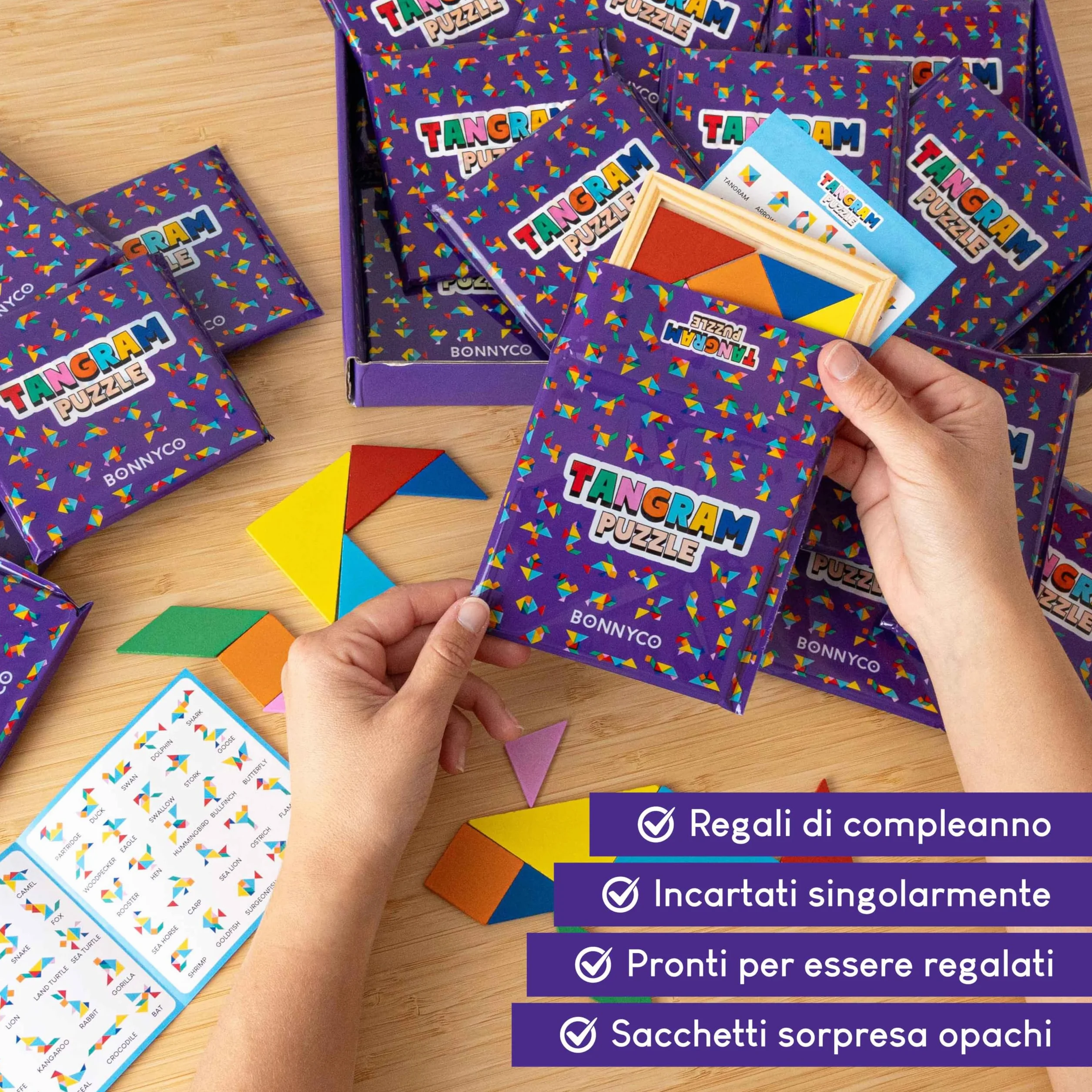 BONNYCO Tangram Legno Bambini Pack 30 Gadget Compleanno Bambini. Mini Giochi Regalini Fine Festa Compleanno, Regalino Fine Festa Invitati. Persierini Giochini per Feste, Mini Puzzle Gadget Scuola