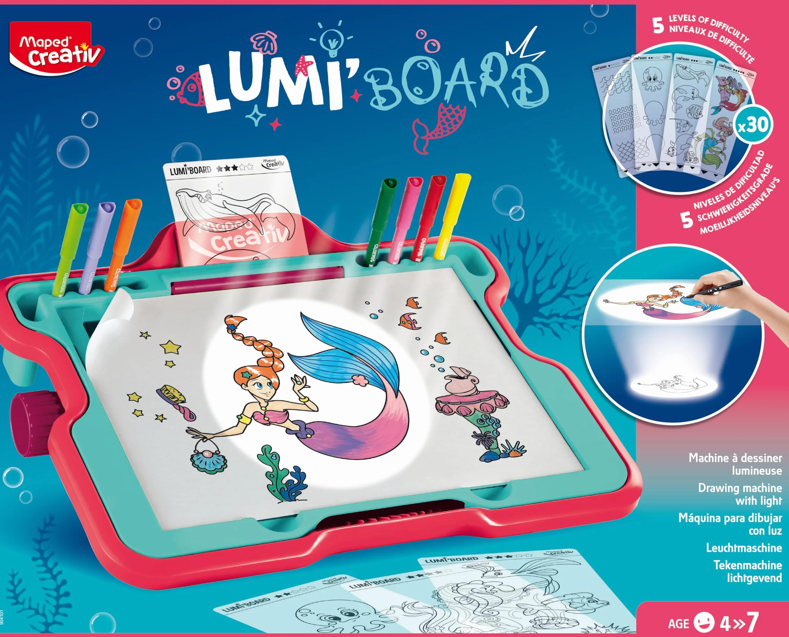 Maped Creativ - Lumi'Board il Mondo delle Sirene - Macchina da disegno illuminata - Giocattolo creativo per il tempo libero - Lavagna per bambini dai 4 anni in su