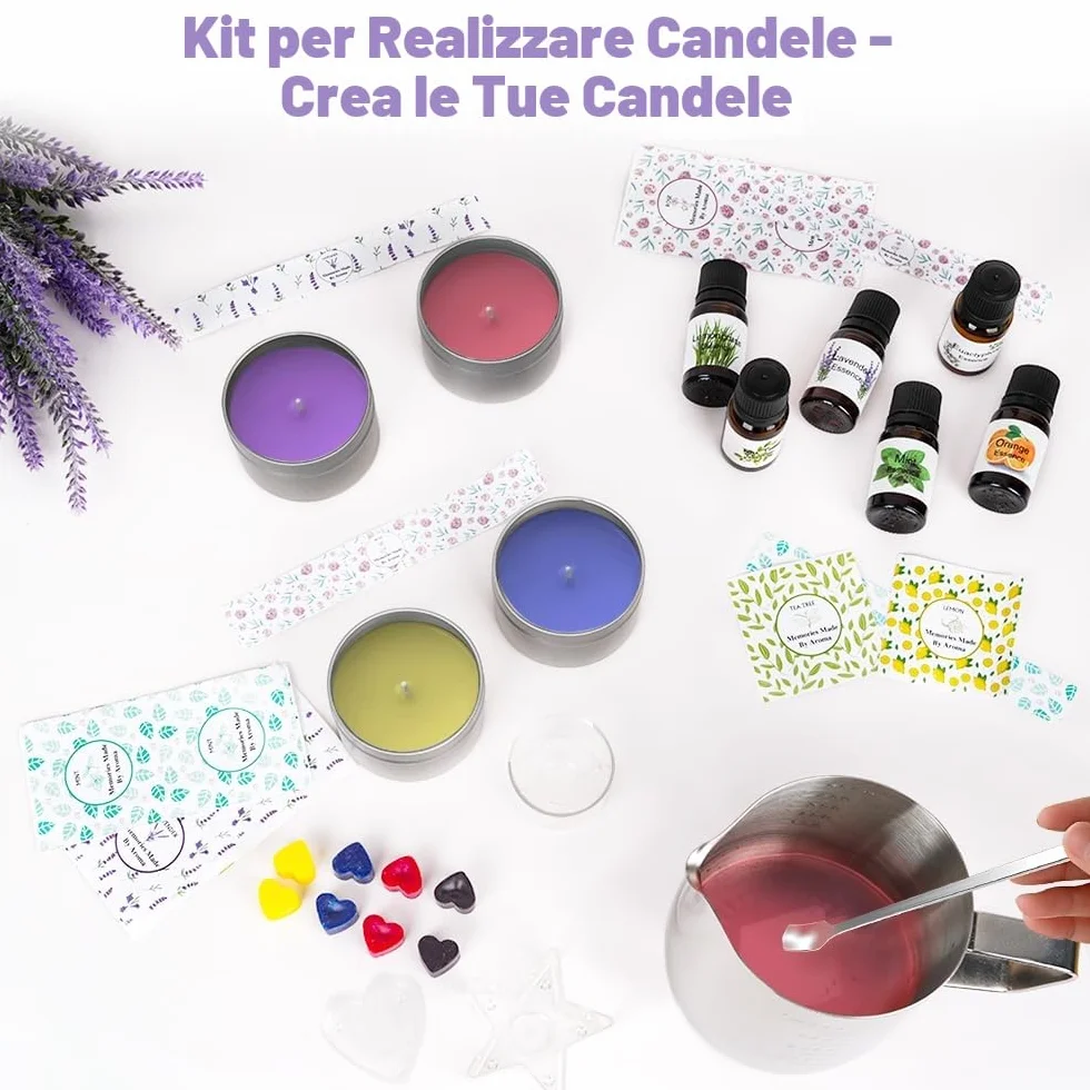 LDUMODUW Set di candele fai da te, kit fai da te per adulti, principianti, candele profumate, set regalo con cera di soia 480 g, 9 barattoli di candela, 8 colori di candela, stoppini