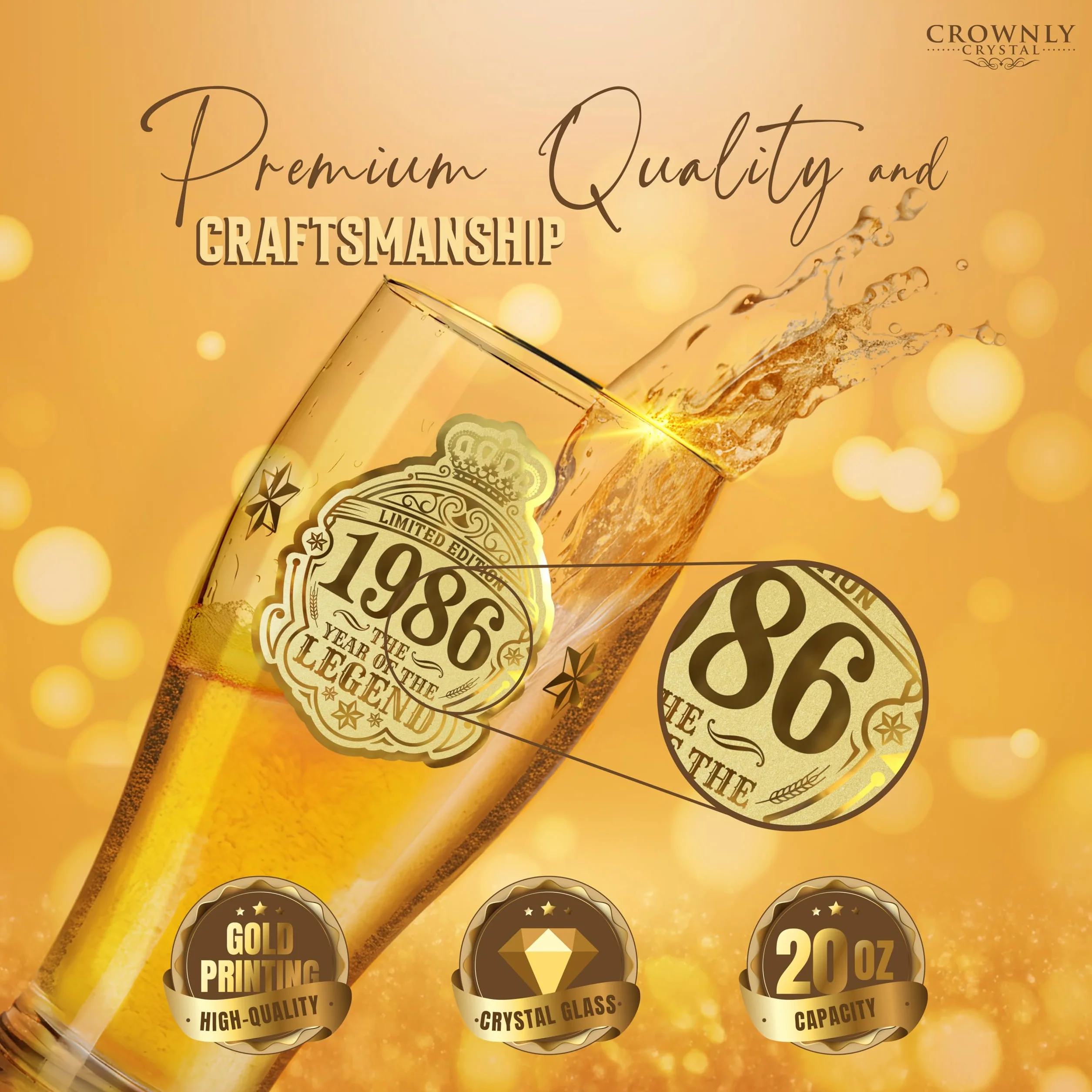 CROWNLY CRYSTAL® 1986 Regalo 40 Anni Bicchiere Birra 570 ml Personalizzato Uomo
