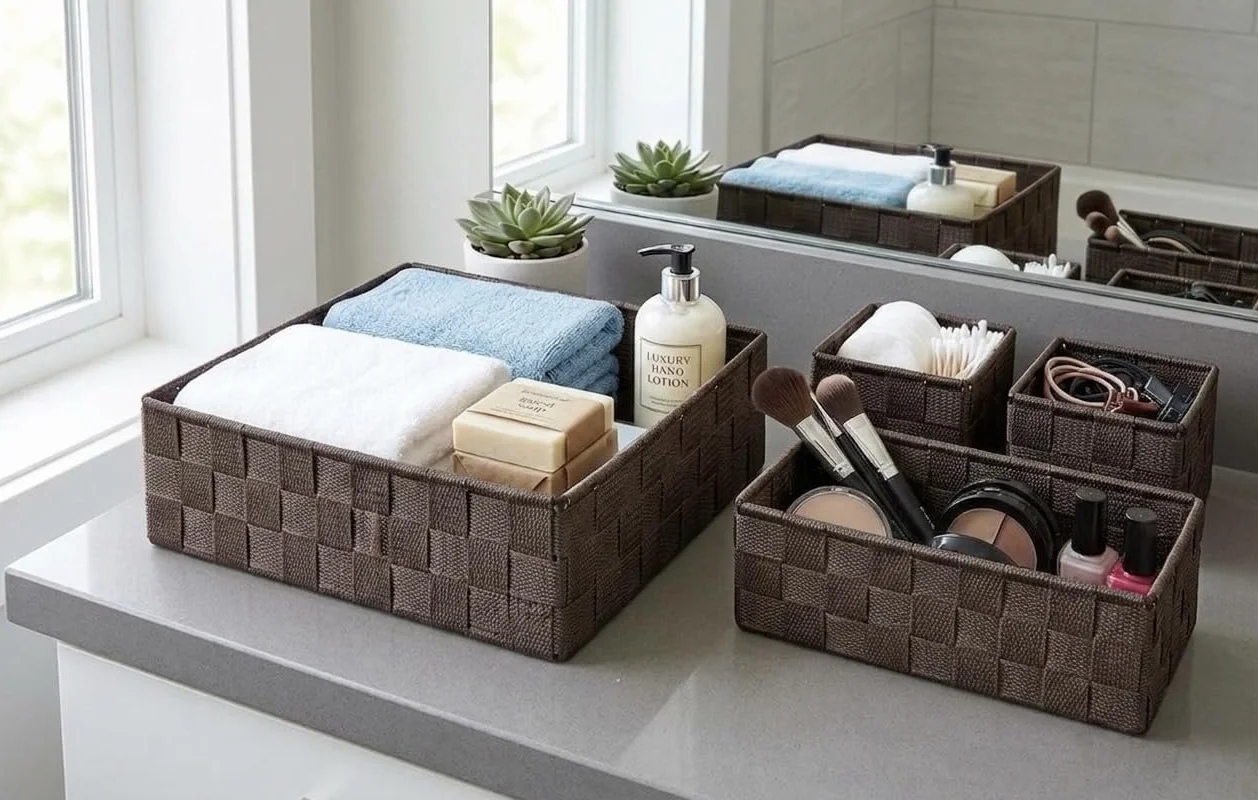 OCEANO Set 4 Cestini Portaoggetti Intrecciati Organizer Bagno e Cassetti Scatole Salvaspazio in Tessuto per Trucchi Asciugamani Accessori (Marrone)