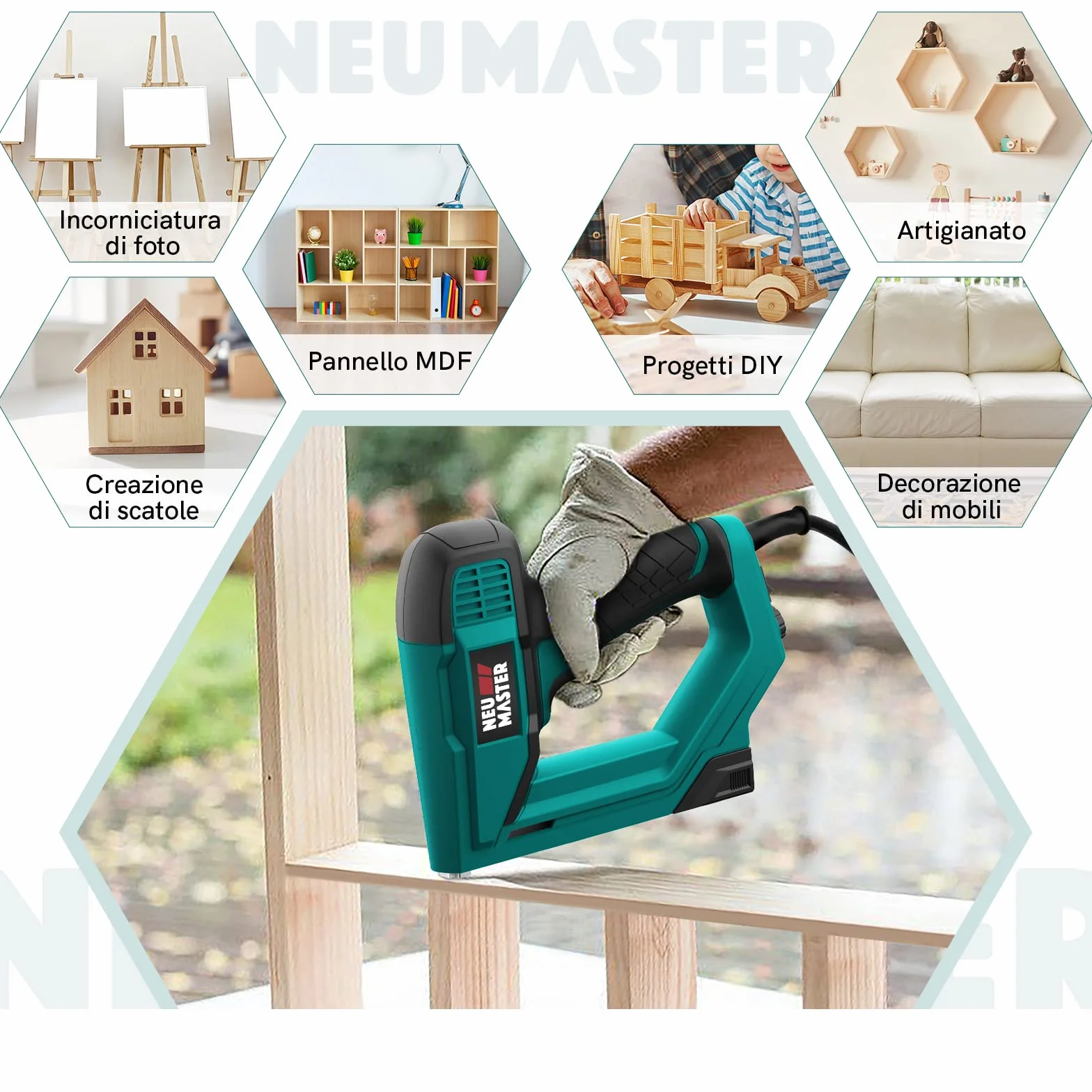 NEU MASTER Sparachiodi Elettrica, Graffettatrice/Chiodatrice Elettrica per DIY Tappezzeria Leggera/Legno/Lavori Tessili, Inclusi 400 Graffe e 200 Chiodi