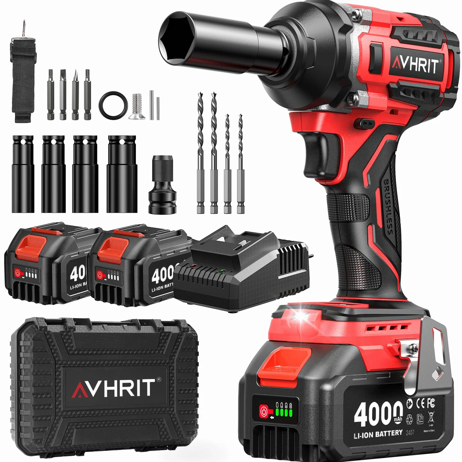 Avvitatore a Impulsi Brushless 1/2" 700N.m Elevata Avvitatori a Massa Battente con 2x 4000mAh Batteria, 5 Bussole, 4 Punte, 4 Viti, Trapano a Impulsi Brushless per Auto Casa