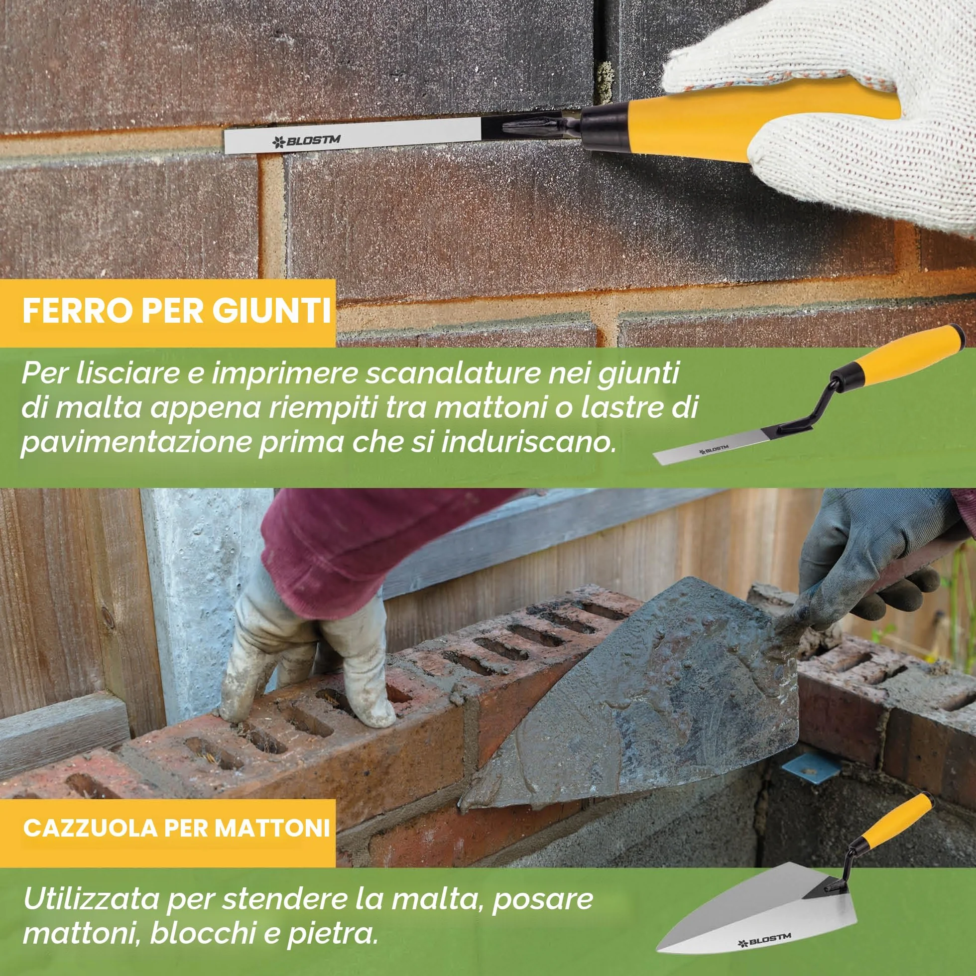BLOSTM Set di 5 cazzuole per mattoni, cazzuola, cazzuola per misurazione, cazzuola per mattoni, cazzuola per intonacatura – realizzato in resistente acciaio al carbonio – (5 pezzi)