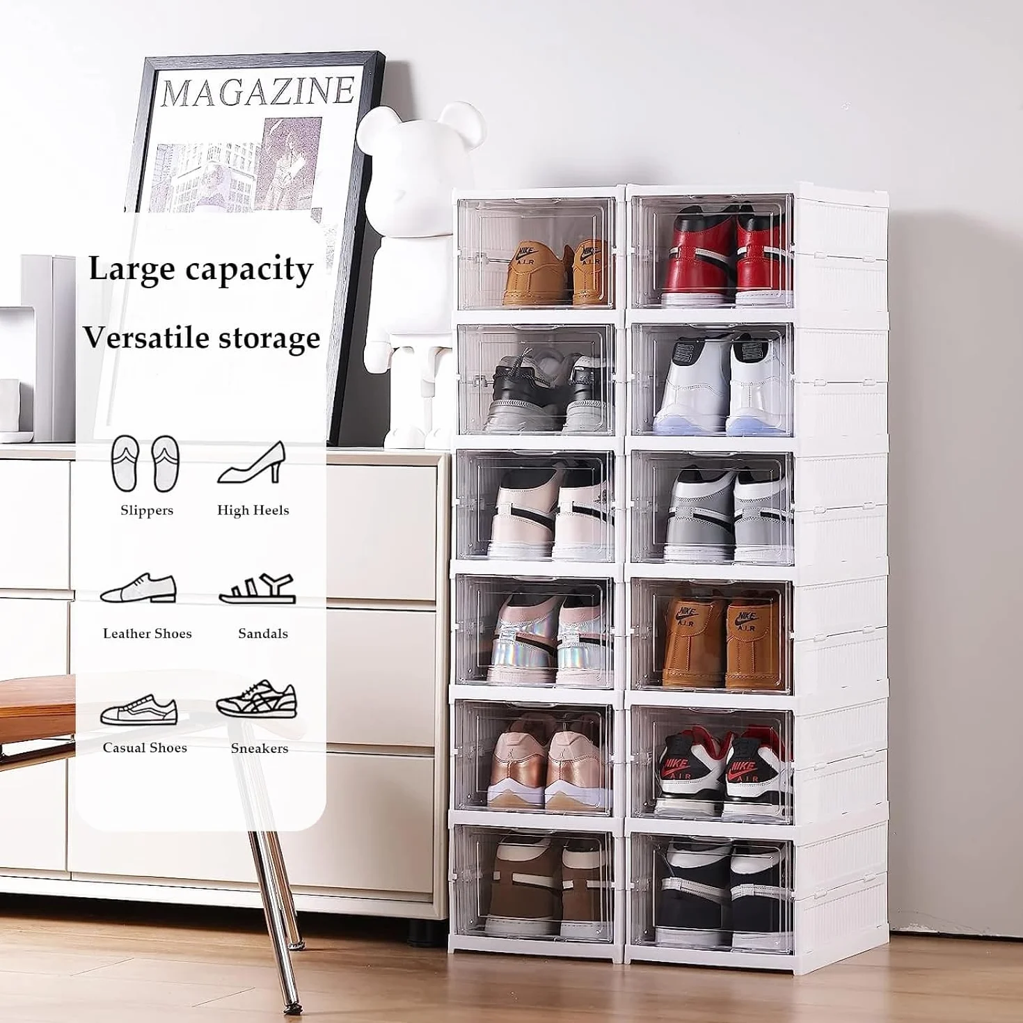 SQUADO Scatole Scarpe Porta Trasparenti 6 Piani Pieghevole Contenitori Organizzatore Portascarpe Scarpiera Shoe Storage Box con coperchio
