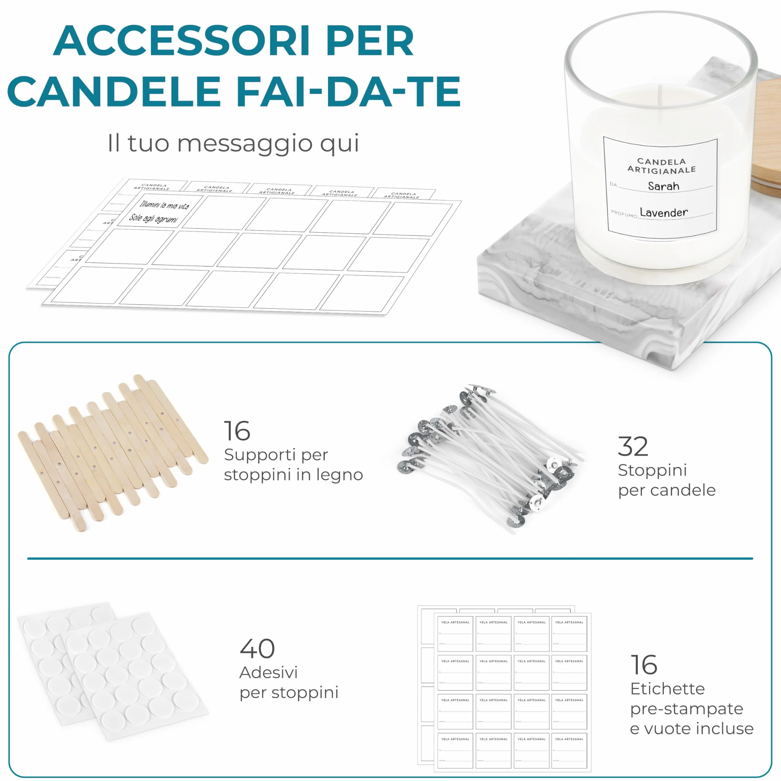 Winter Shore Barattolo di Vetro da 300 ml con Coperchio di Bambù (16 Pezzi) - Kit per Candele, Barattoli di Vetro Premium, Stoppini ed Etichette - Contenitori per Empty Candle