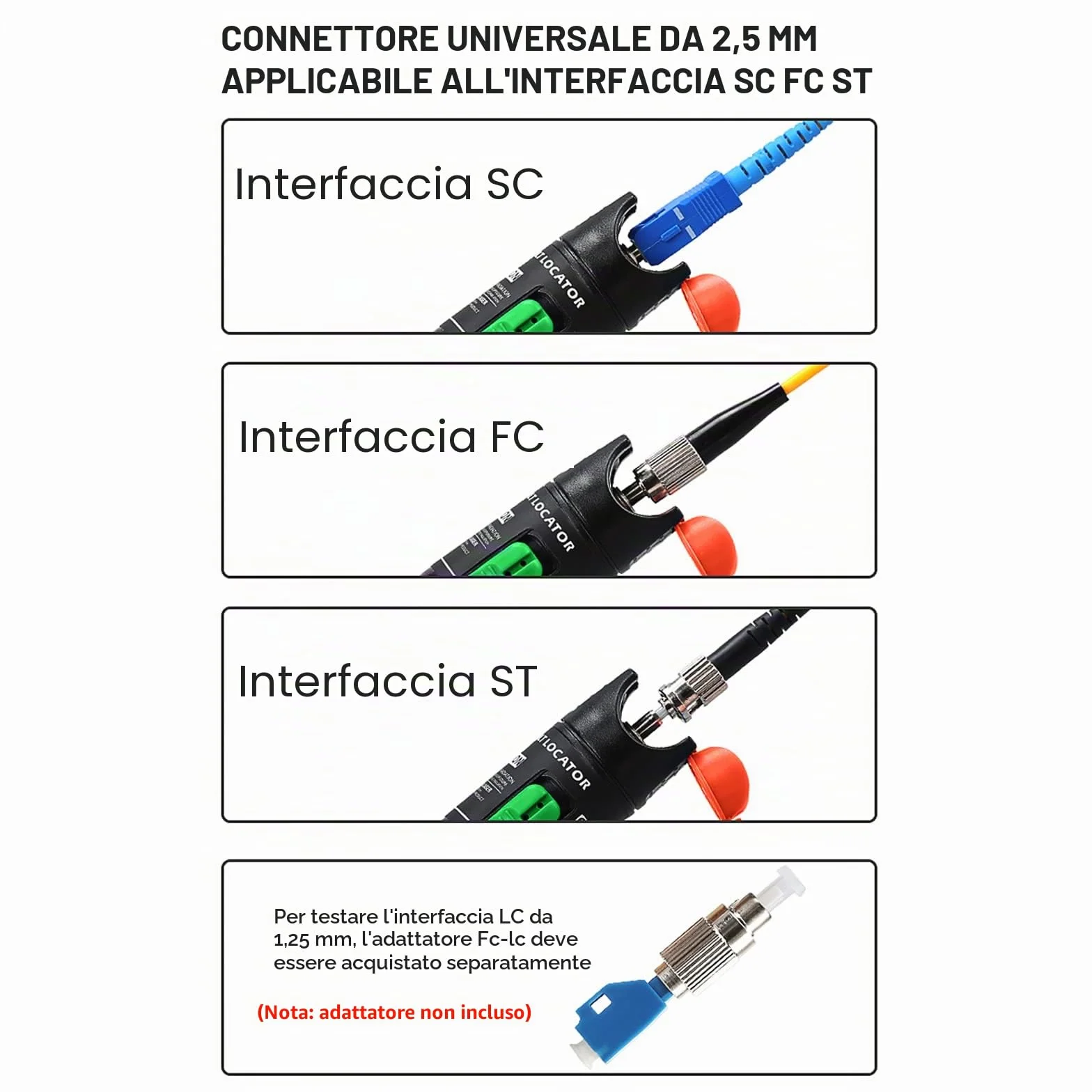 Localizzatore di guasti in fibra ottica 30mW 30KM VFL Tester per cavi in fibra ottica 2.5mm Adattatore FC a LC CATV