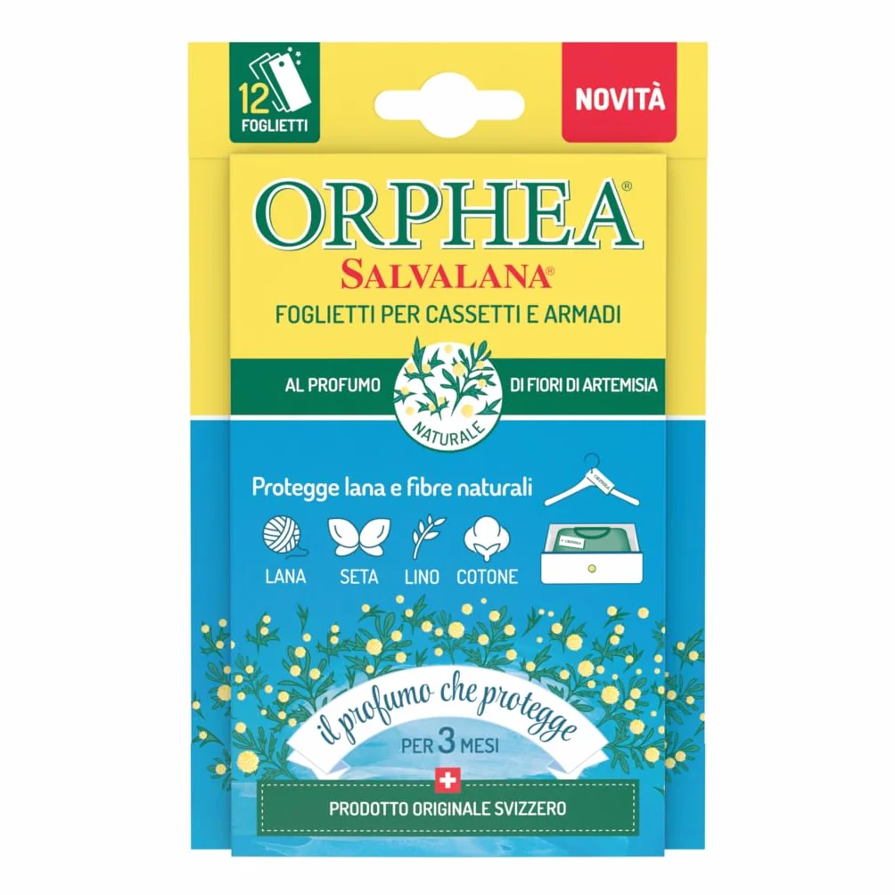 Orphea Salvalana Foglietti per Cassetti E Armadi, Protegge Lana E Vestiti Tutta La Stagione, Profumo di Fiori di Artemisia, 12 Foglietti Emanatori