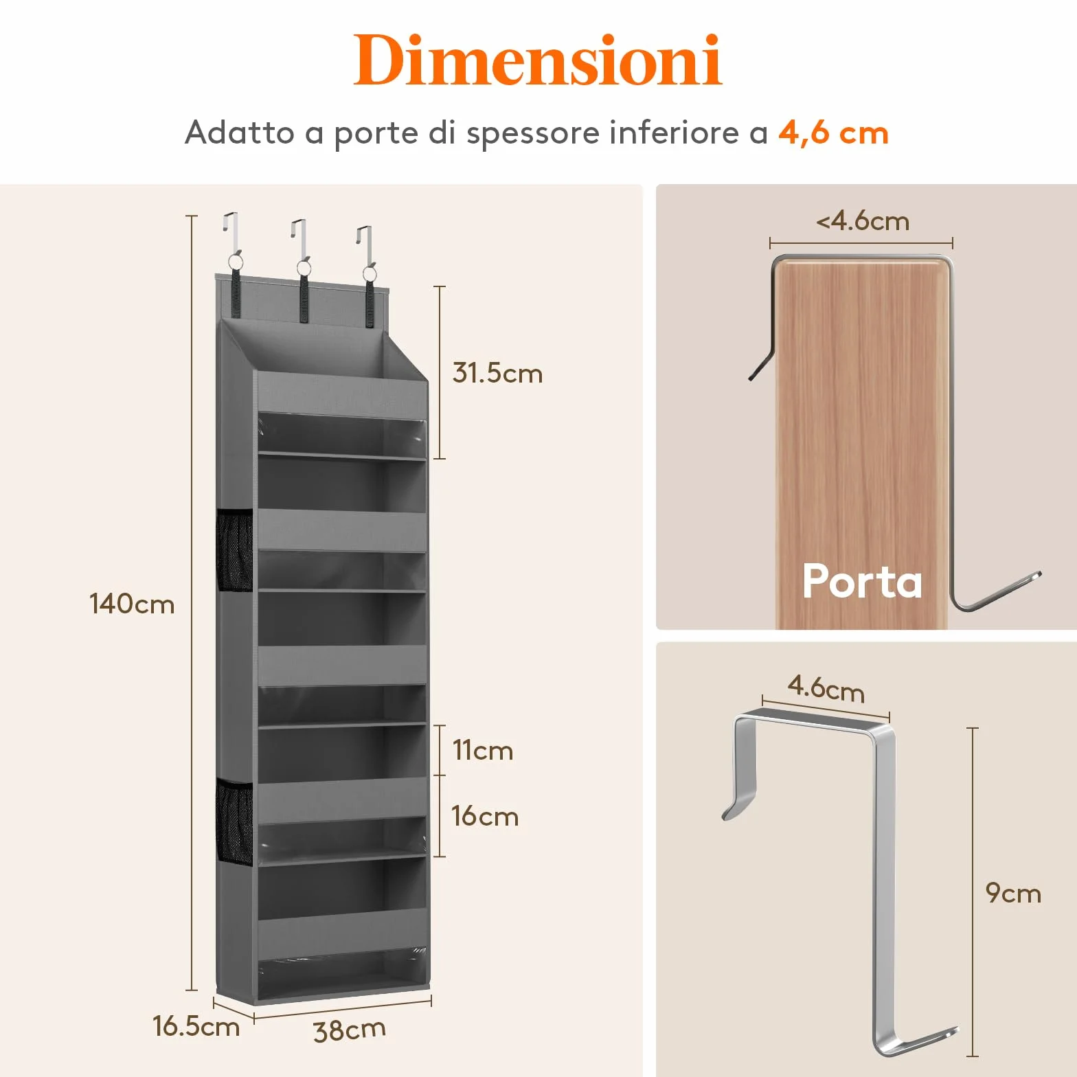 Lifewit Portaoggetti da Appendere 4 Tasche Laterali 2 Ganci Capacità 18 kg 5 Ripiani Grigio