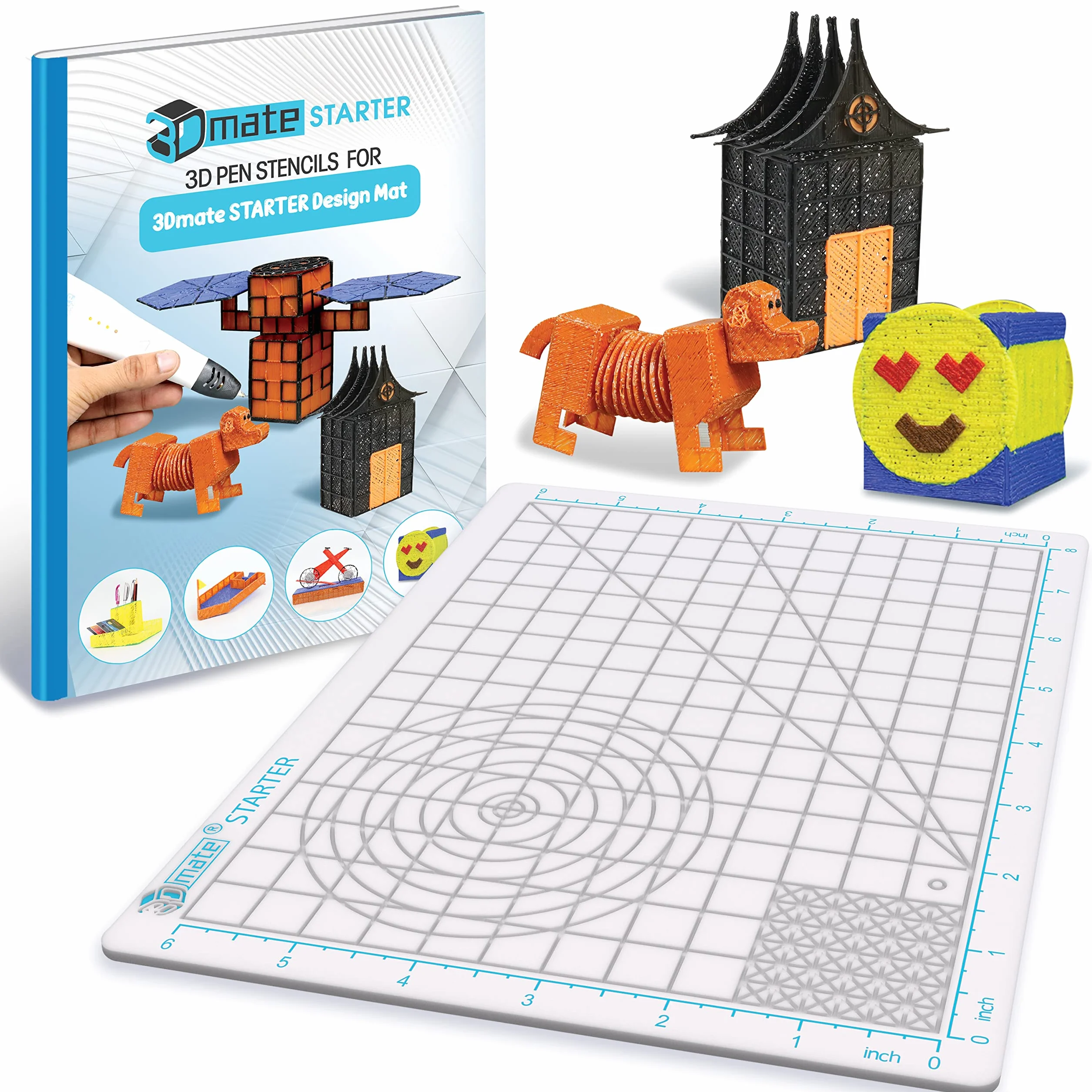 3Dmate Starter - Tappetino Trasparente 9x7 Pollici per Penna 3D con Libro di Stencil - Silicone Resistente al Calore a Doppia Faccia - Accessori per Penne 3D - Modelli per Bambini e Adulti