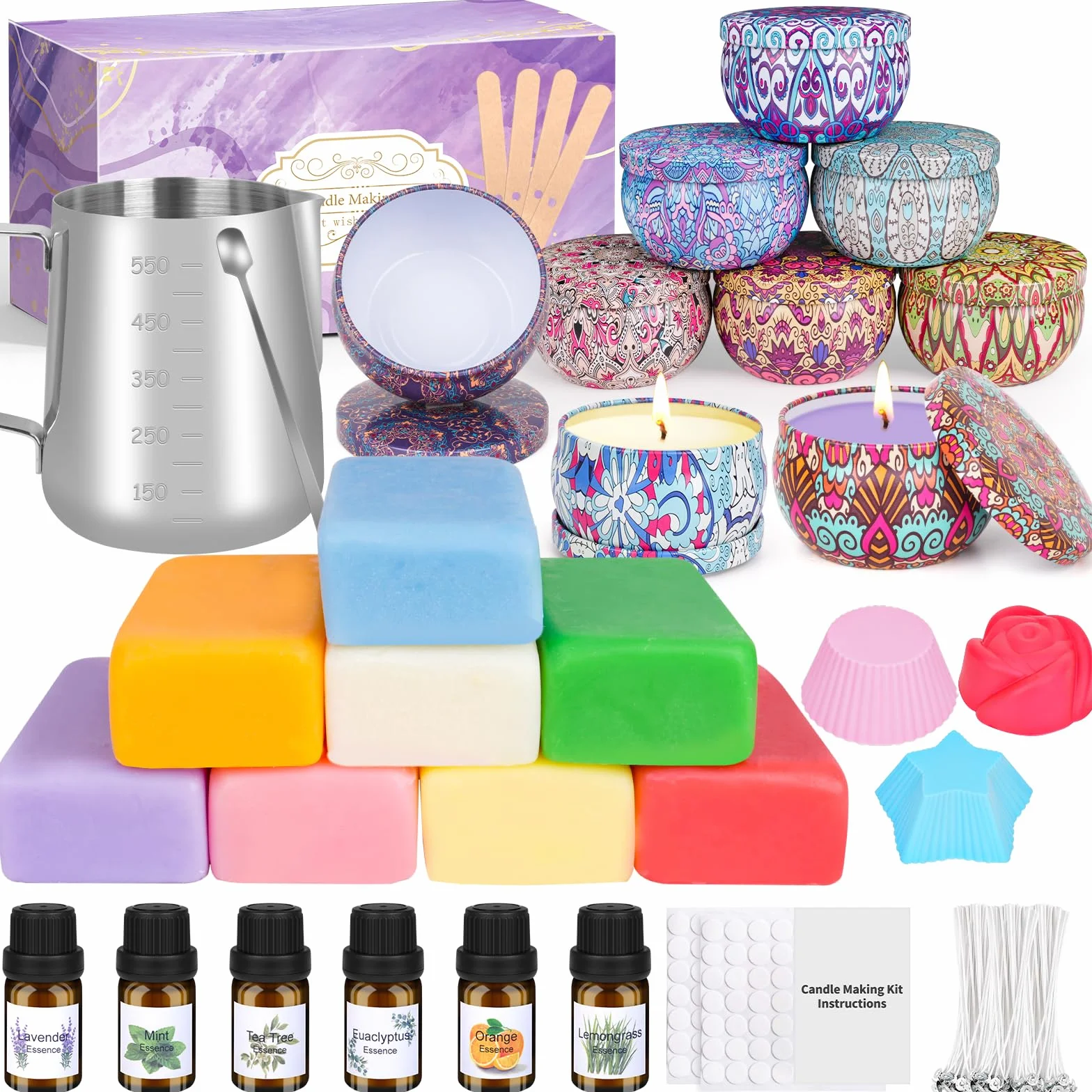 LDUMODUW Kit Candele Fai da Te, Kit per Candele Fai da Te di Candele Profumate, Set Candele Fai da Te Con 480g di Cera per Candele, 6 Oli Essenziali, Stoppini e 550 ml per Adulti Principianti
