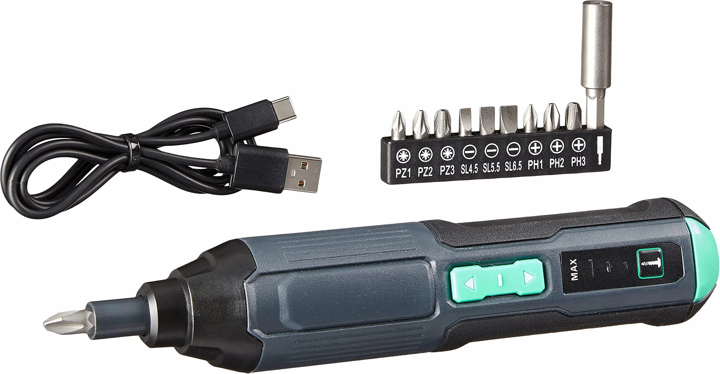 Amazon Basics by SKIL avvitatore elettrico da 3,6V (4V max), include set da 10 punte e cavo USB, nero