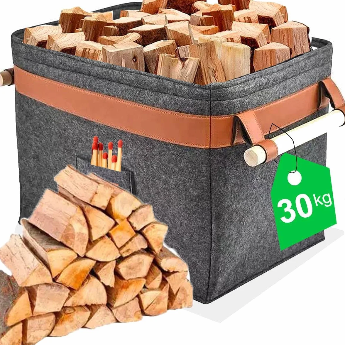 Uni-Fine - Cesto di legno in feltro, 42 x 32 x 32 cm, 43 l, con manico, in feltro extra spesso, può essere utilizzato anche come cestino per la spesa e i giornali